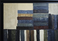 «El orden de los tomos», óleo con textura contemporáneo sobre lienzo, biblioteca abstracta