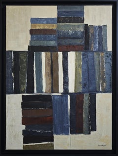 «El orden de los tomos», óleo con textura contemporáneo sobre lienzo, biblioteca abstracta