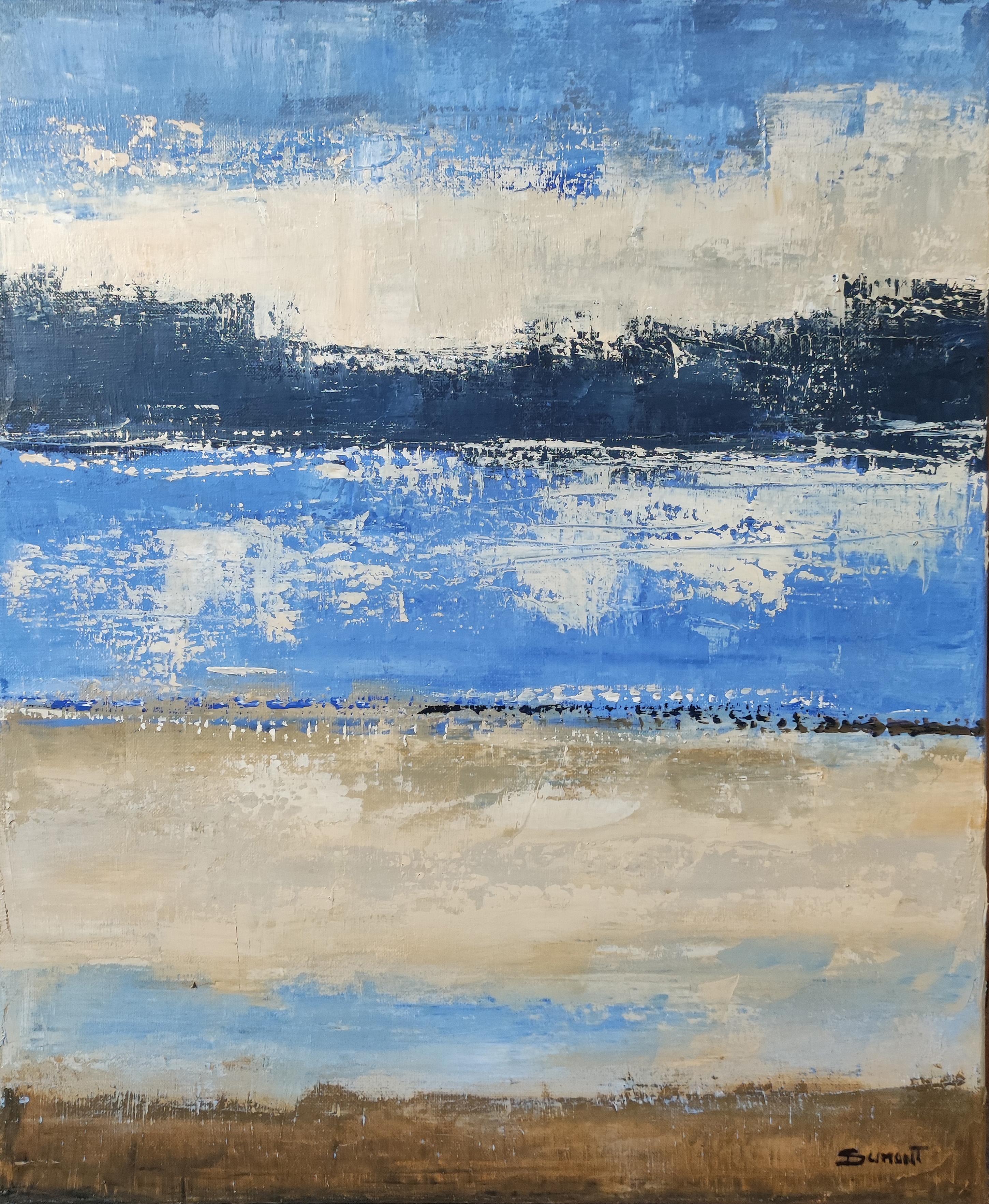 Lueur d'azur, Paesaggio astratto blu, Mare, Contemporaneo, Moderno , Incorniciato - Painting Espressionismo astratto di SOPHIE DUMONT