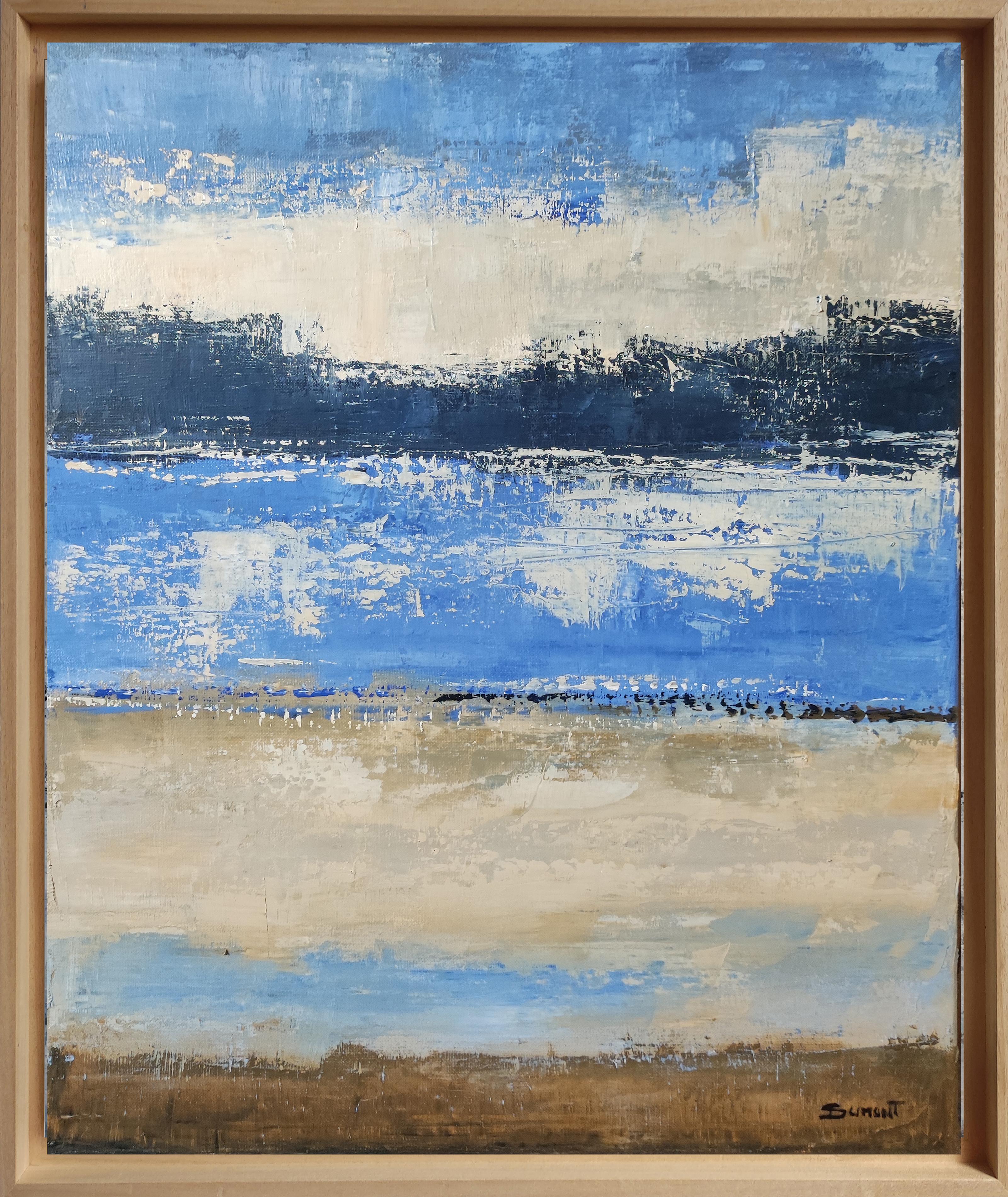 Lueur d'azur, Paesaggio astratto blu, Mare, Contemporaneo, Moderno , Incorniciato - Landscape Painting Grigio di SOPHIE DUMONT