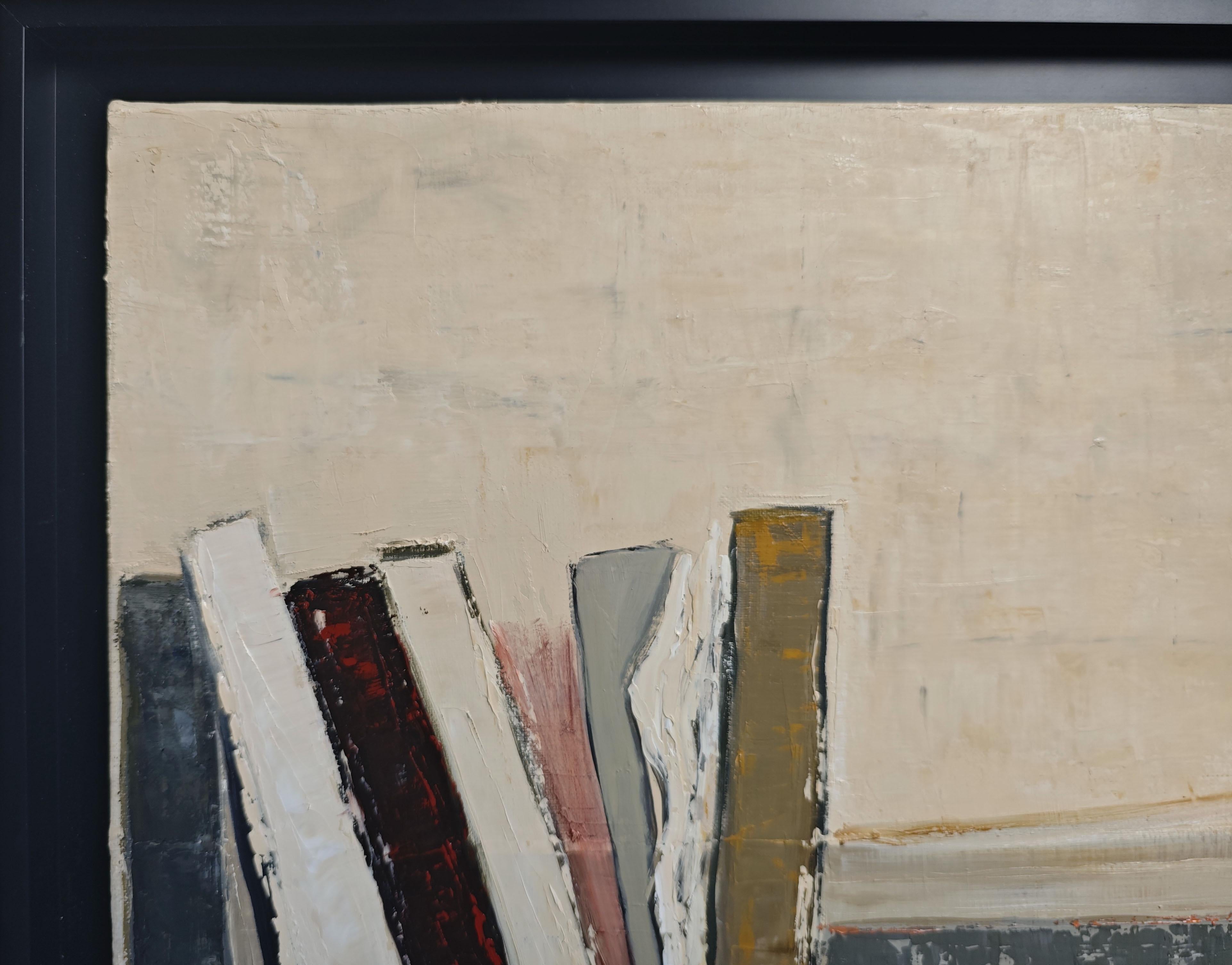 Unframed dimensions: 50 x 61 cm (19.7 x 24 in)
Framed dimensions: 57 x 68 cm (22.4 x 26.8 in)

In Composition Littéraire, Sophie Dumont revisits the motif of the library by balancing rigor with freedom. Books, simplified into colorful volumes, rise