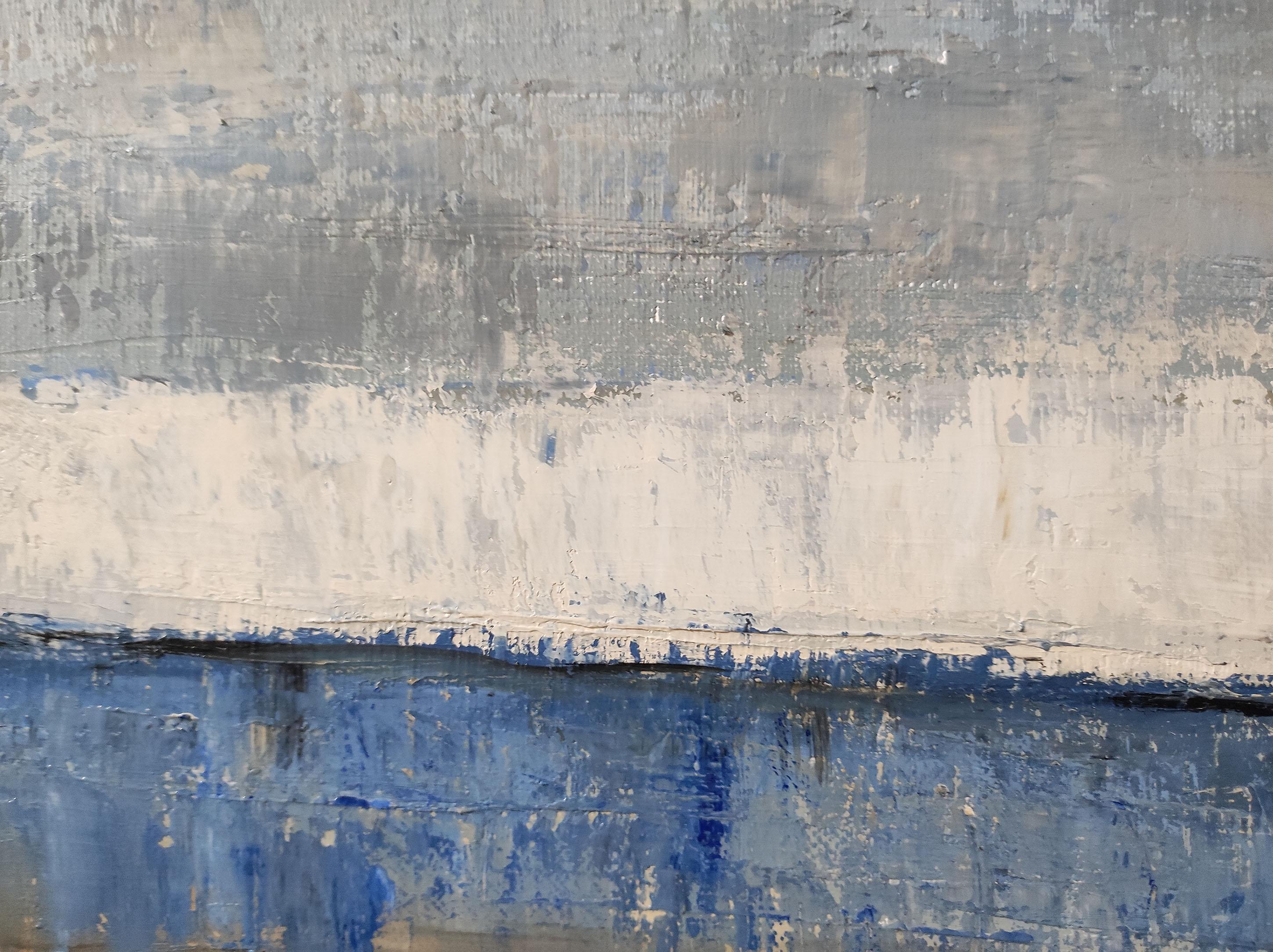 lumiere de nacre, seascape, blue seaside, semi abstract, oil, expressionism - Gray Landscape Painting by SOPHIE DUMONT