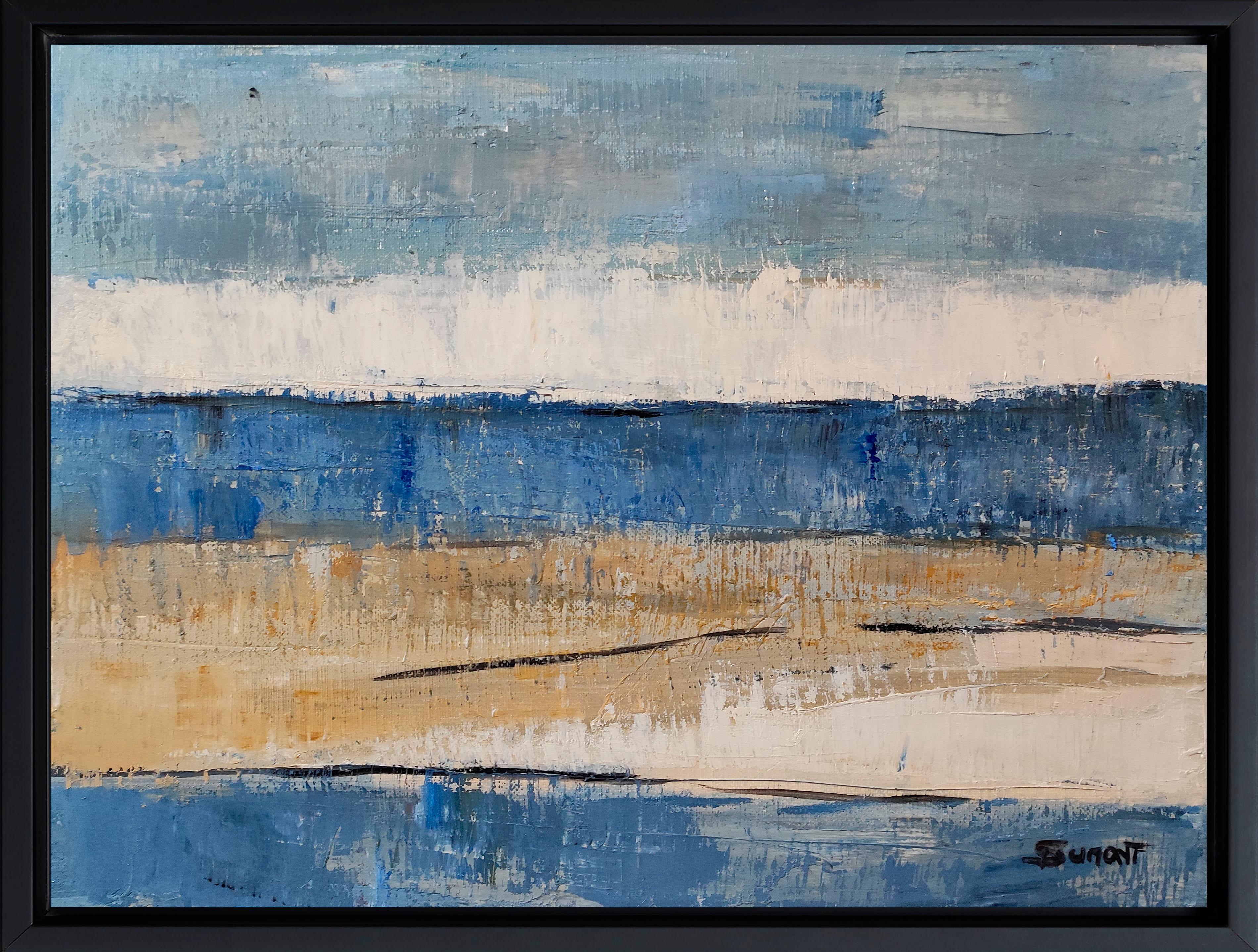 SOPHIE DUMONT Landscape Painting - lumiere de nacre, seascape, blue seaside, semi abstract, oil, expressionism