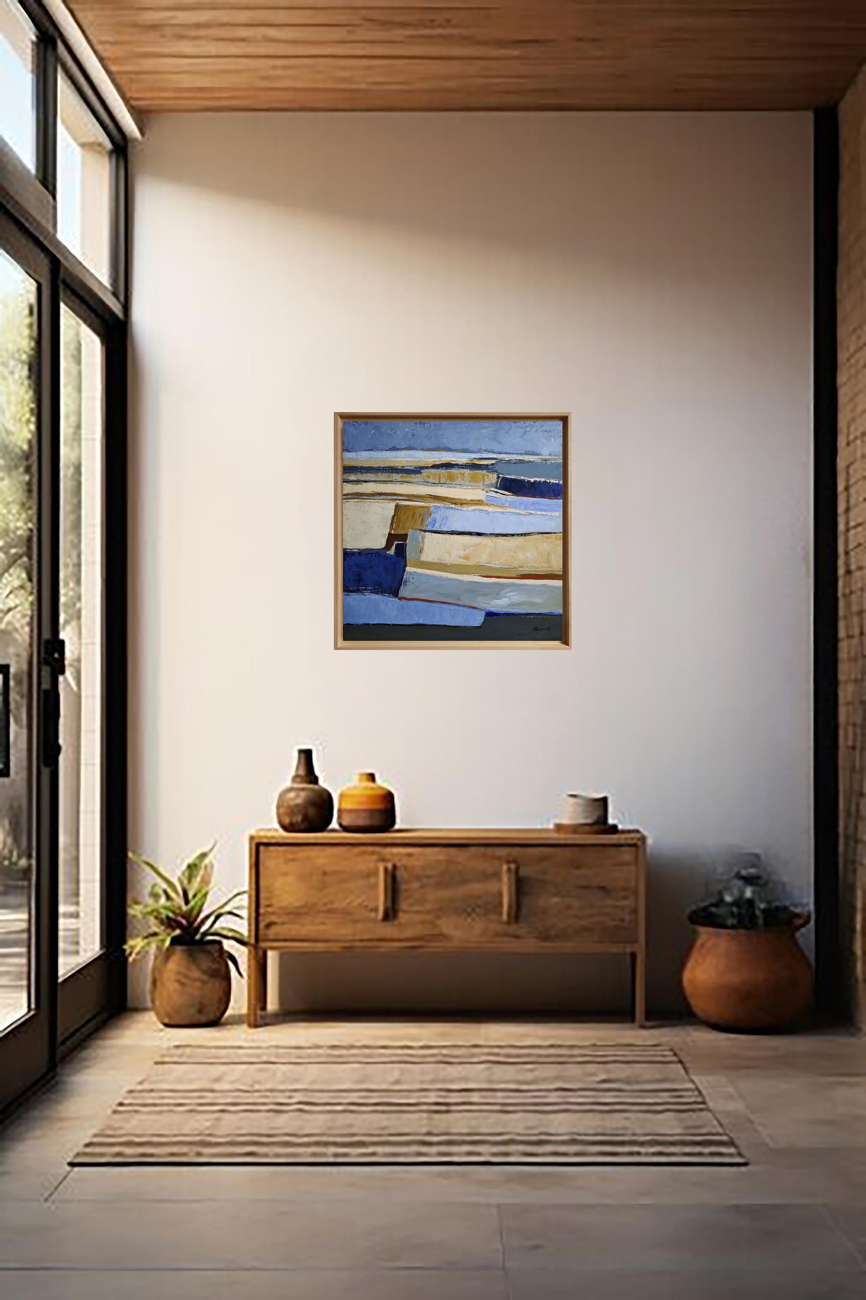 Meanders of Blue Sand, abstrakt, Öl auf Leinwand, strukturiert, Landschaft, Hellbraun (Beige), Landscape Painting, von SOPHIE DUMONT