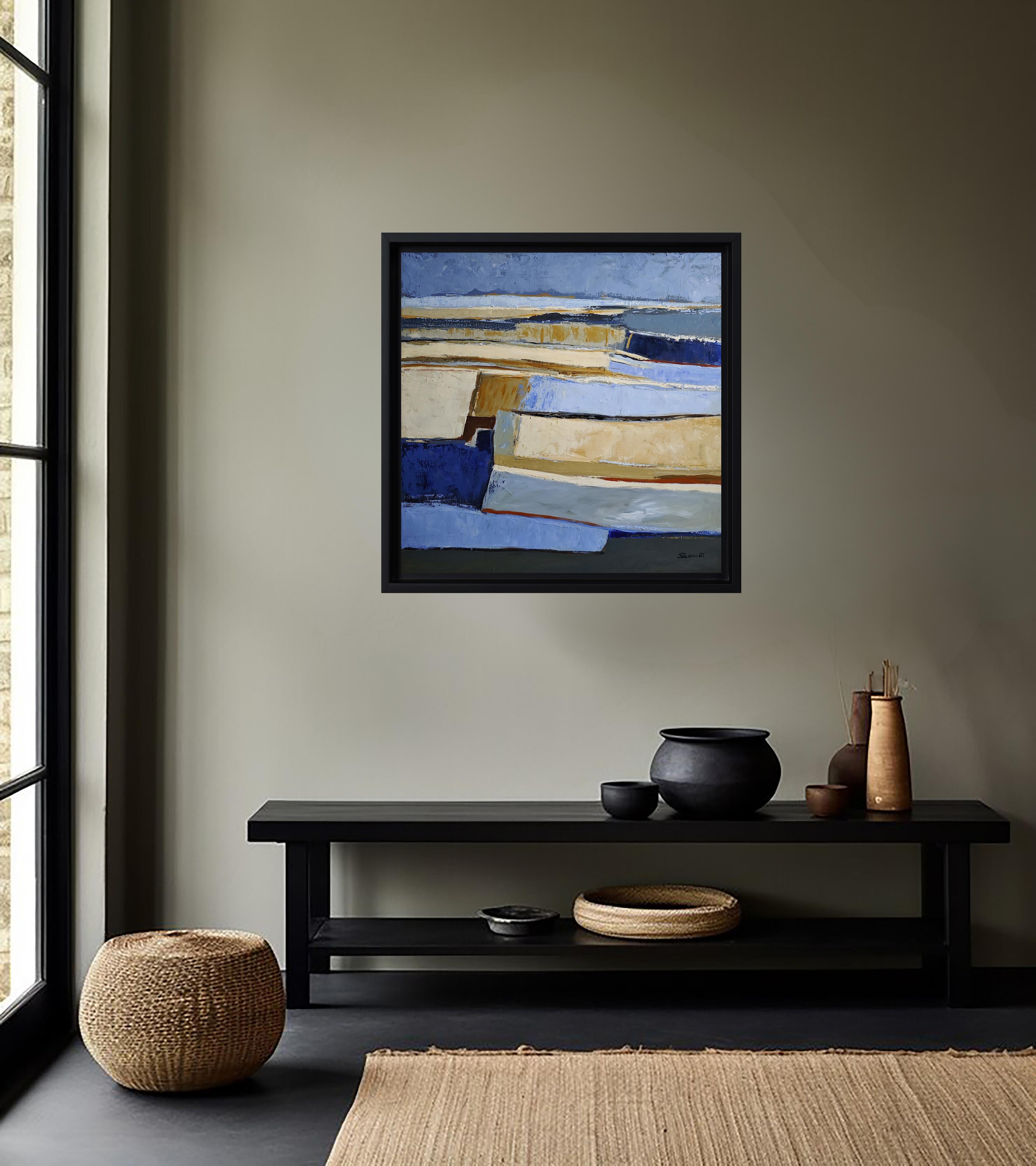 Meanders of Blue Sand, abstrakt, Öl auf Leinwand, strukturiert, Landschaft, Hellbraun (Geometrische Abstraktion), Painting, von SOPHIE DUMONT