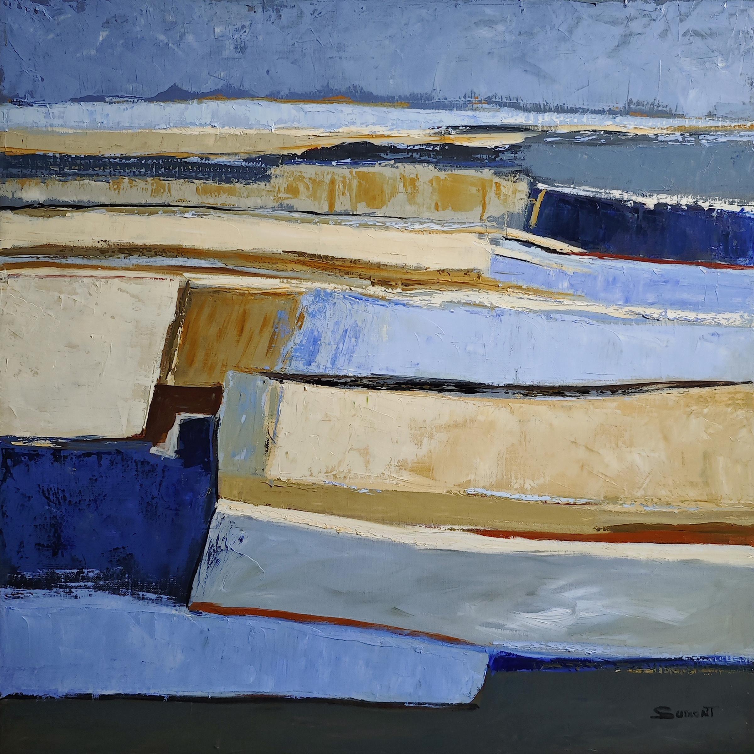Meanders of Blue Sand, abstrakt, Öl auf Leinwand, strukturiert, Landschaft, Hellbraun im Angebot 1