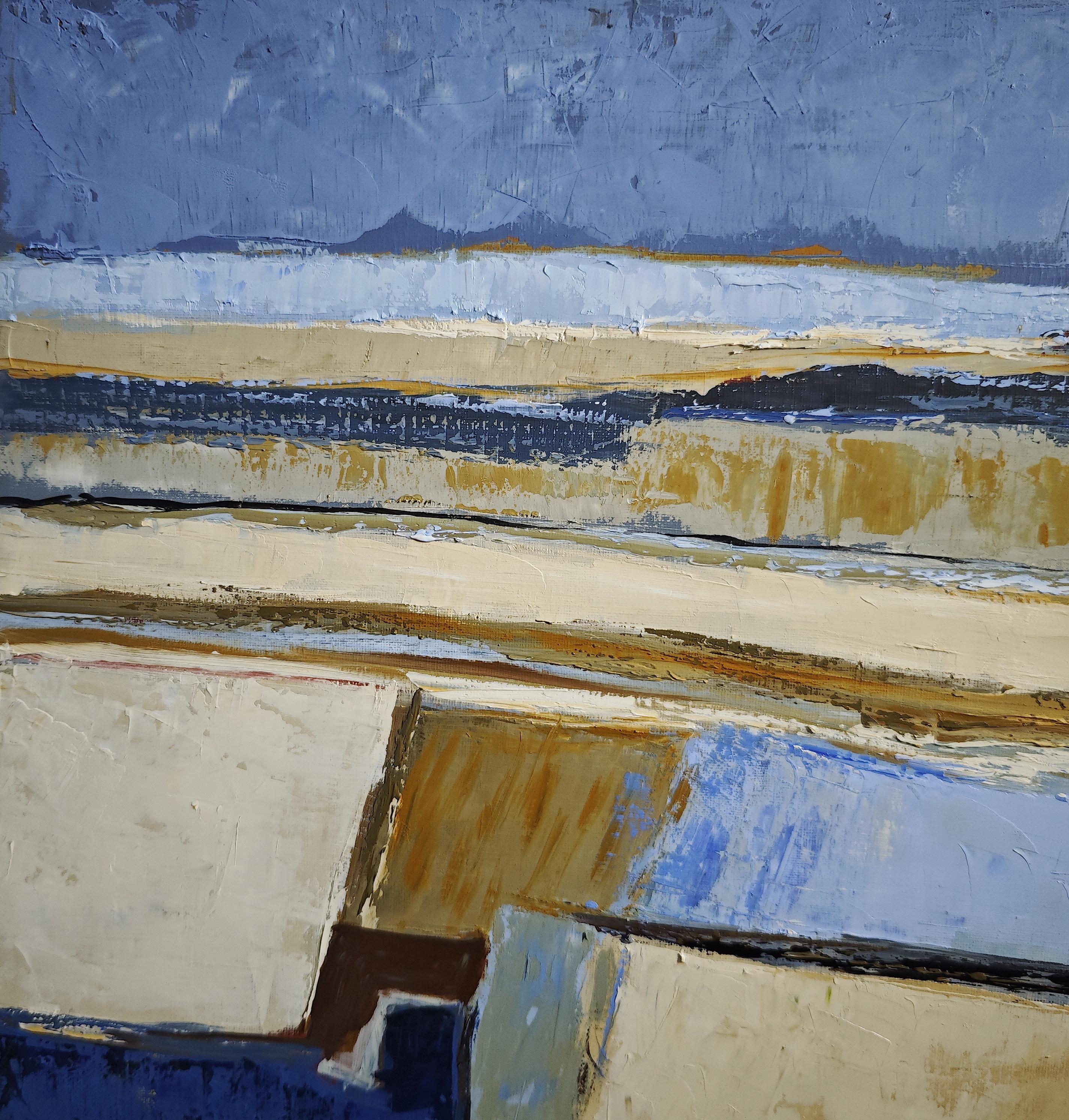 Meanders of Blue Sand, abstrakt, Öl auf Leinwand, strukturiert, Landschaft, Hellbraun im Angebot 2