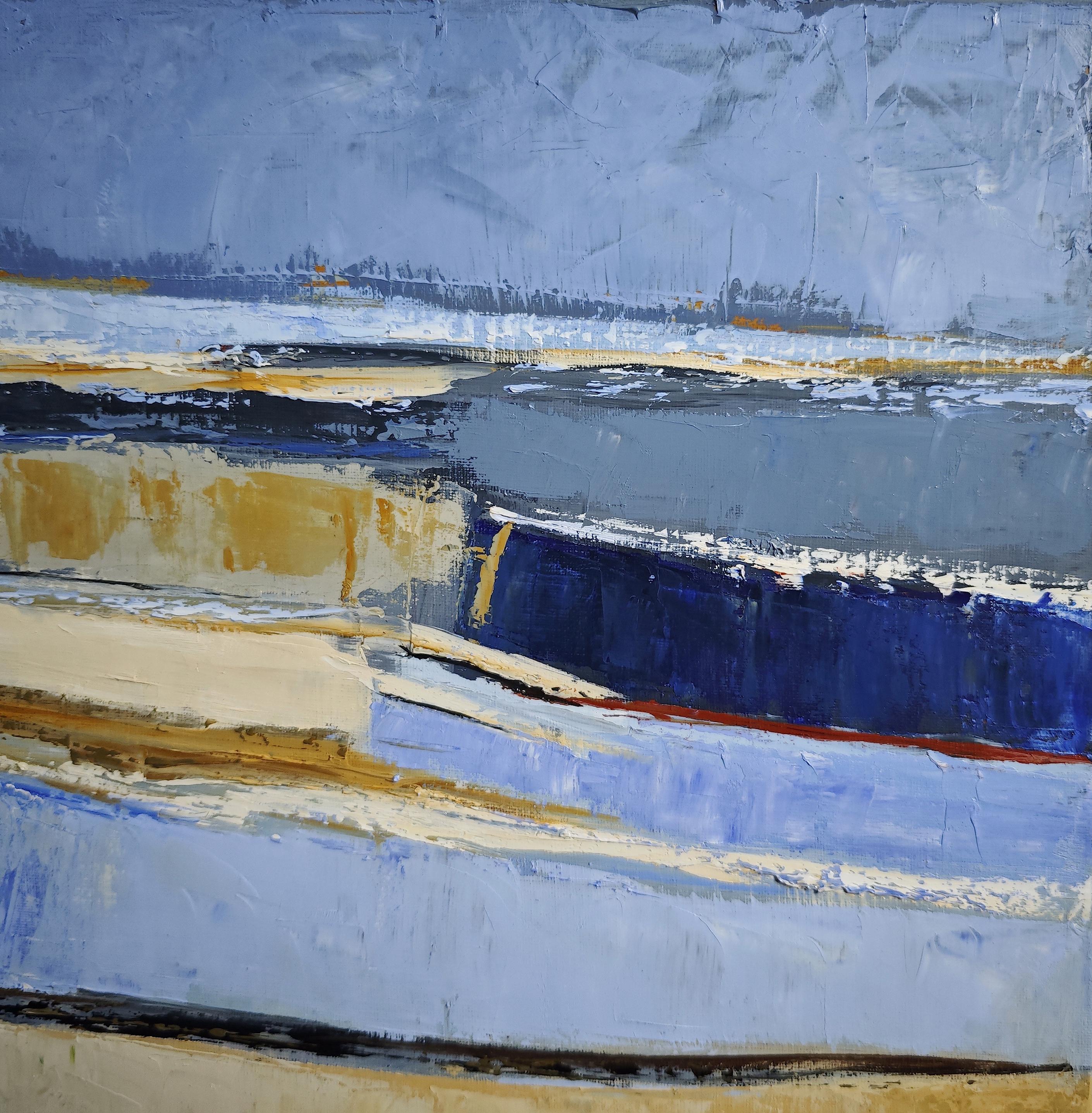 Meanders of Blue Sand, abstrakt, Öl auf Leinwand, strukturiert, Landschaft, Hellbraun im Angebot 3