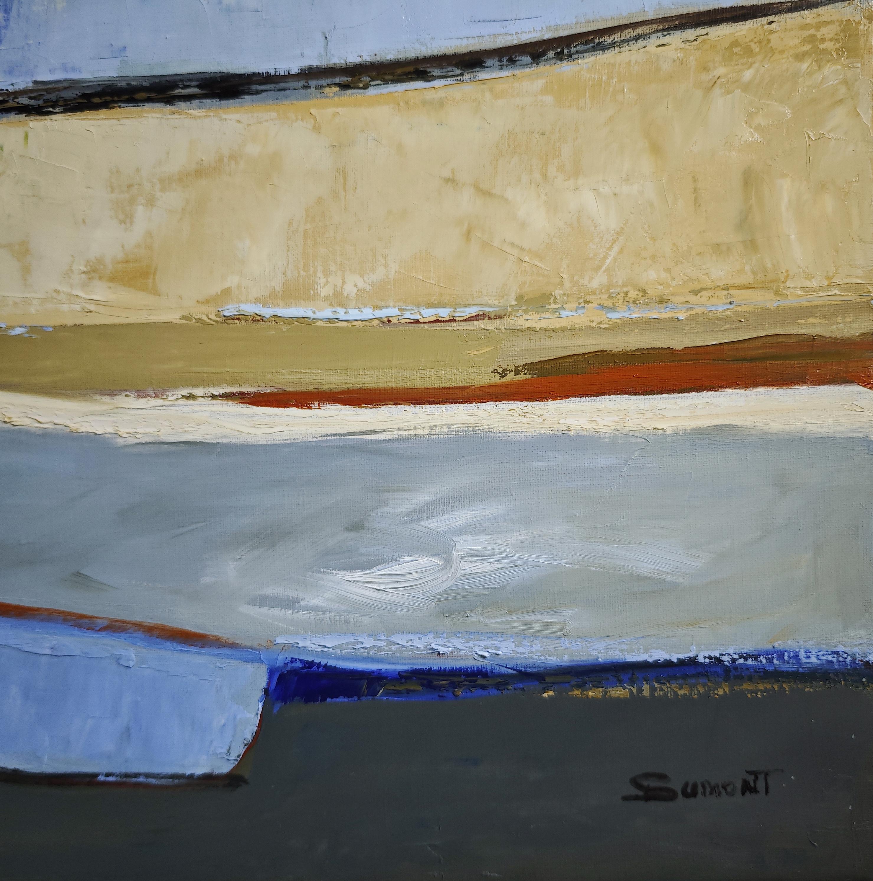 Meanders of Blue Sand, abstrakt, Öl auf Leinwand, strukturiert, Landschaft, Hellbraun im Angebot 4