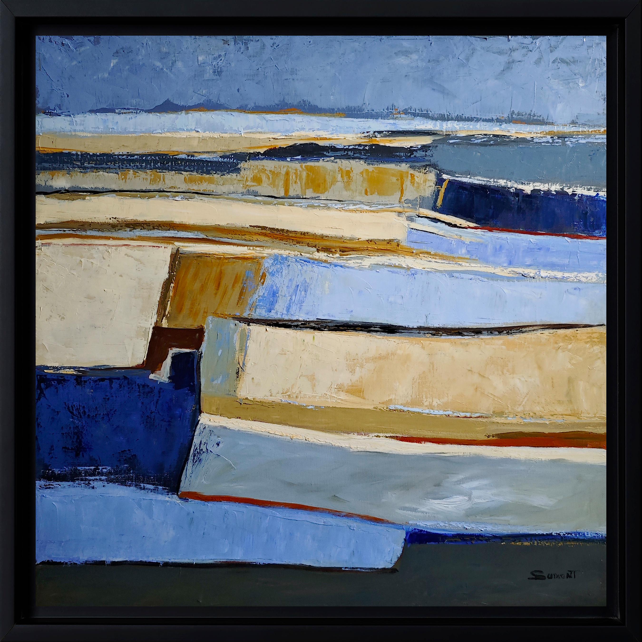Meanders of Blue Sand, abstrakt, Öl auf Leinwand, strukturiert, Landschaft, Hellbraun – Painting von SOPHIE DUMONT