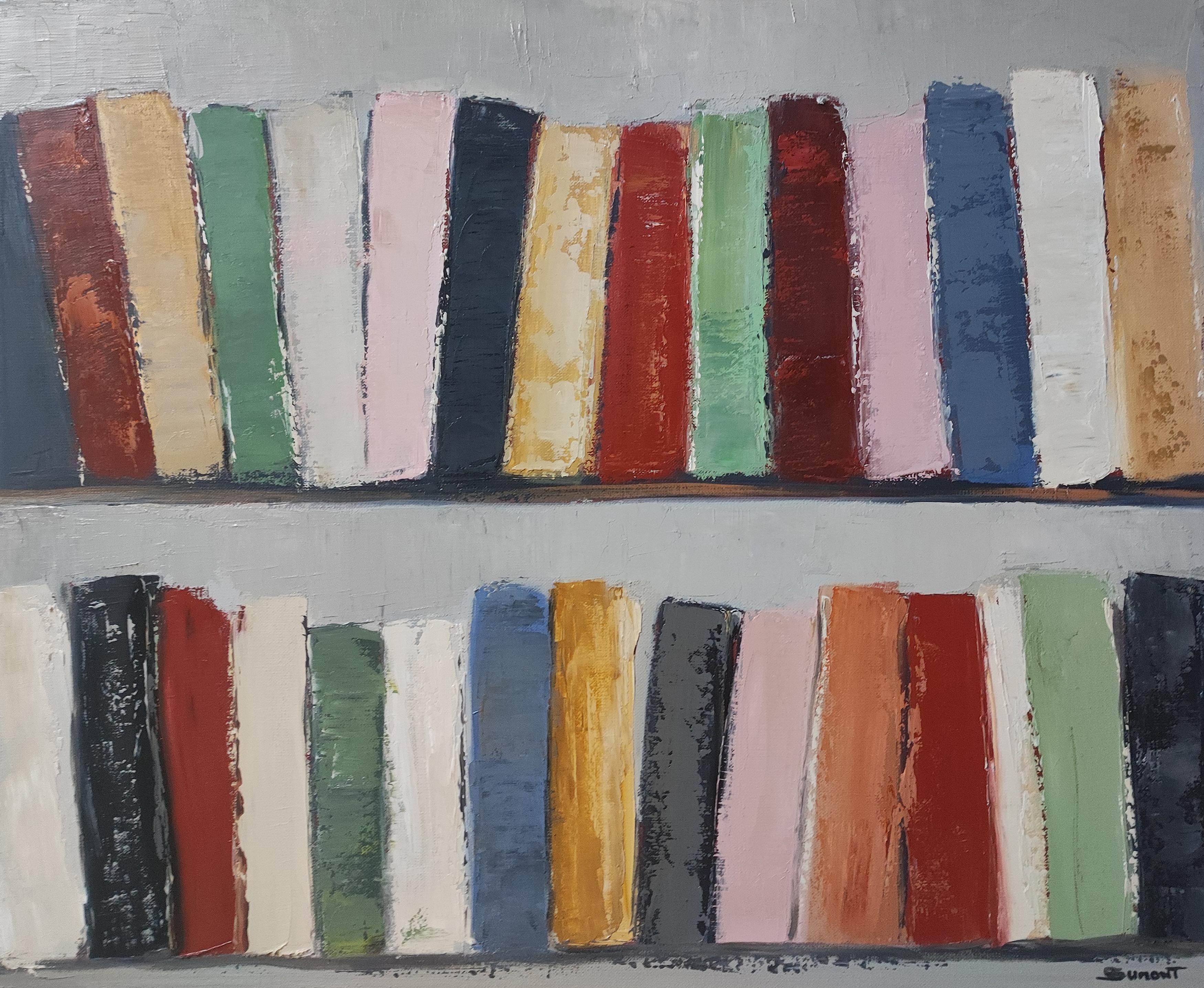 meditation  library, multicolor abstract, expressionism, geometric, textured - Painting by SOPHIE DUMONT