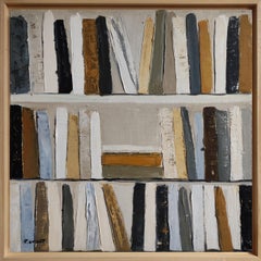 Abstract Bookshelf Painting – Oil on Canvas by French Artist, “Mémoire d’Antan”