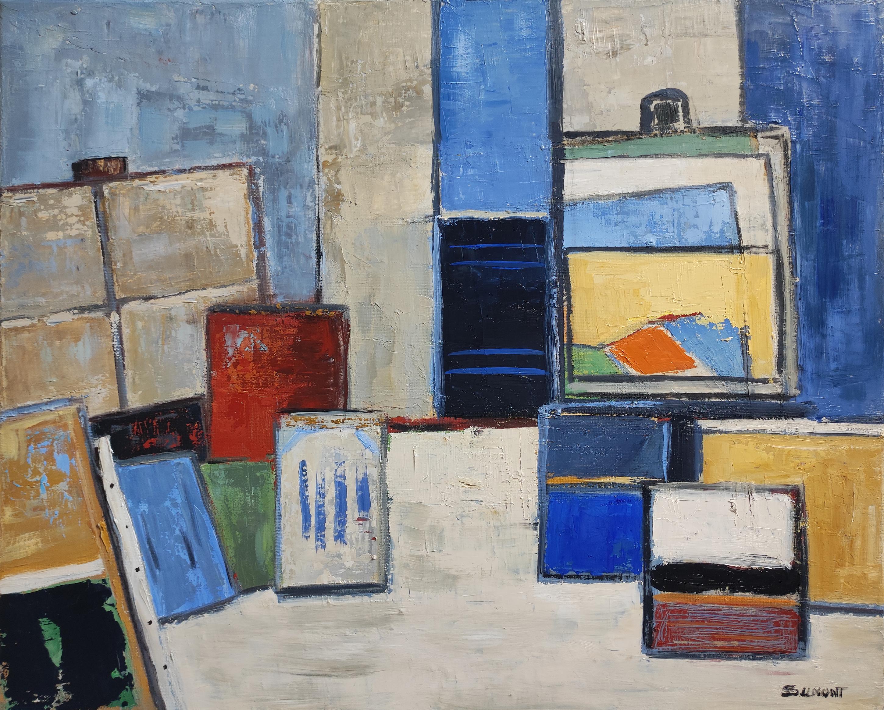 Mémoire d'Atelier, Composizione, Geometrico astratto, Contemporaneo, Cubismo, Francese - Abstract Painting Grigio di SOPHIE DUMONT