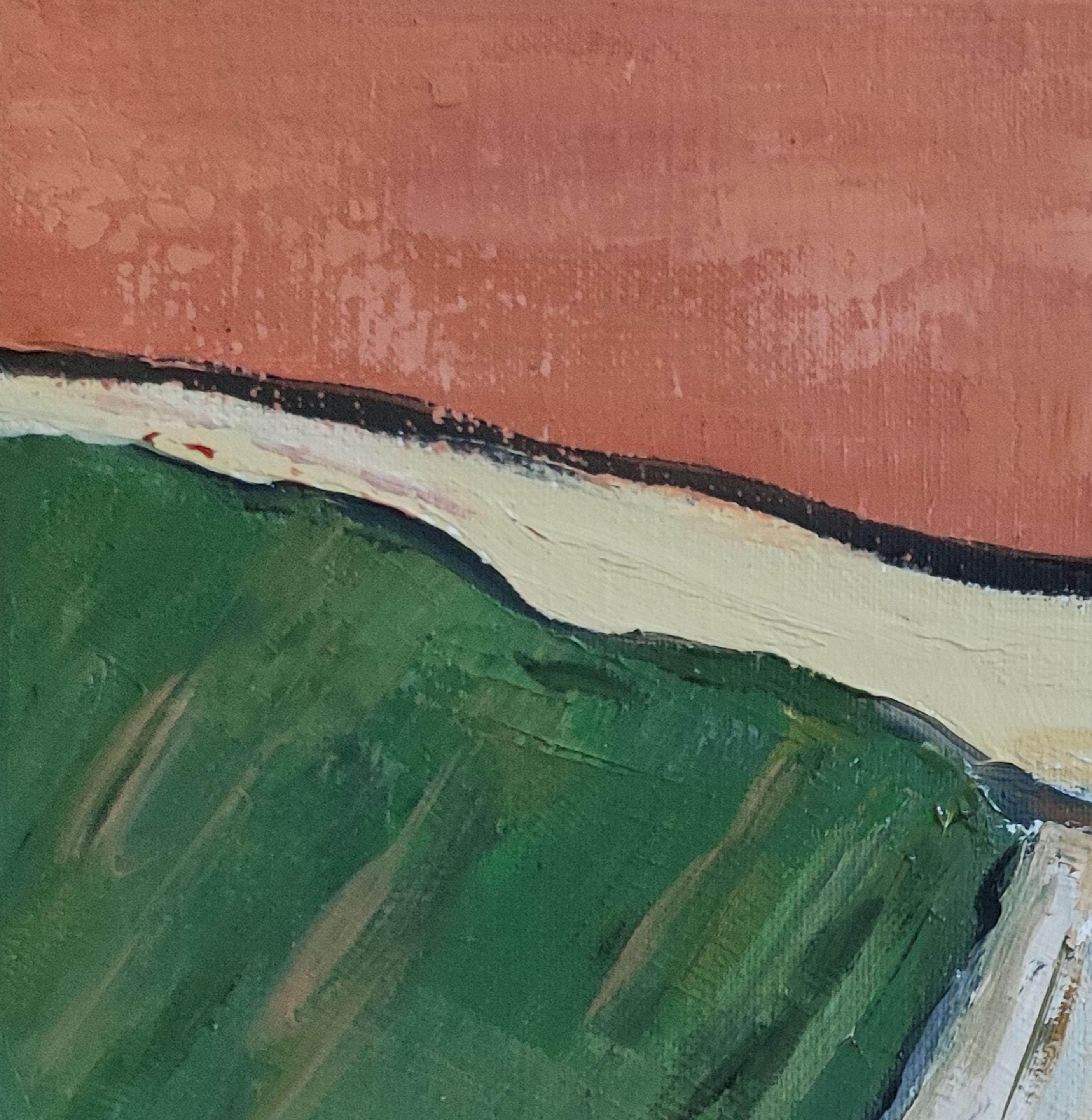 The tangle of plots of fields in Normandy translated by Sophie Dumont. The palette remains in a dominant of green, red and ocher with always a multitude of layers which gives a real vibration to the canvas and a generous material. 
Sophie Dumont