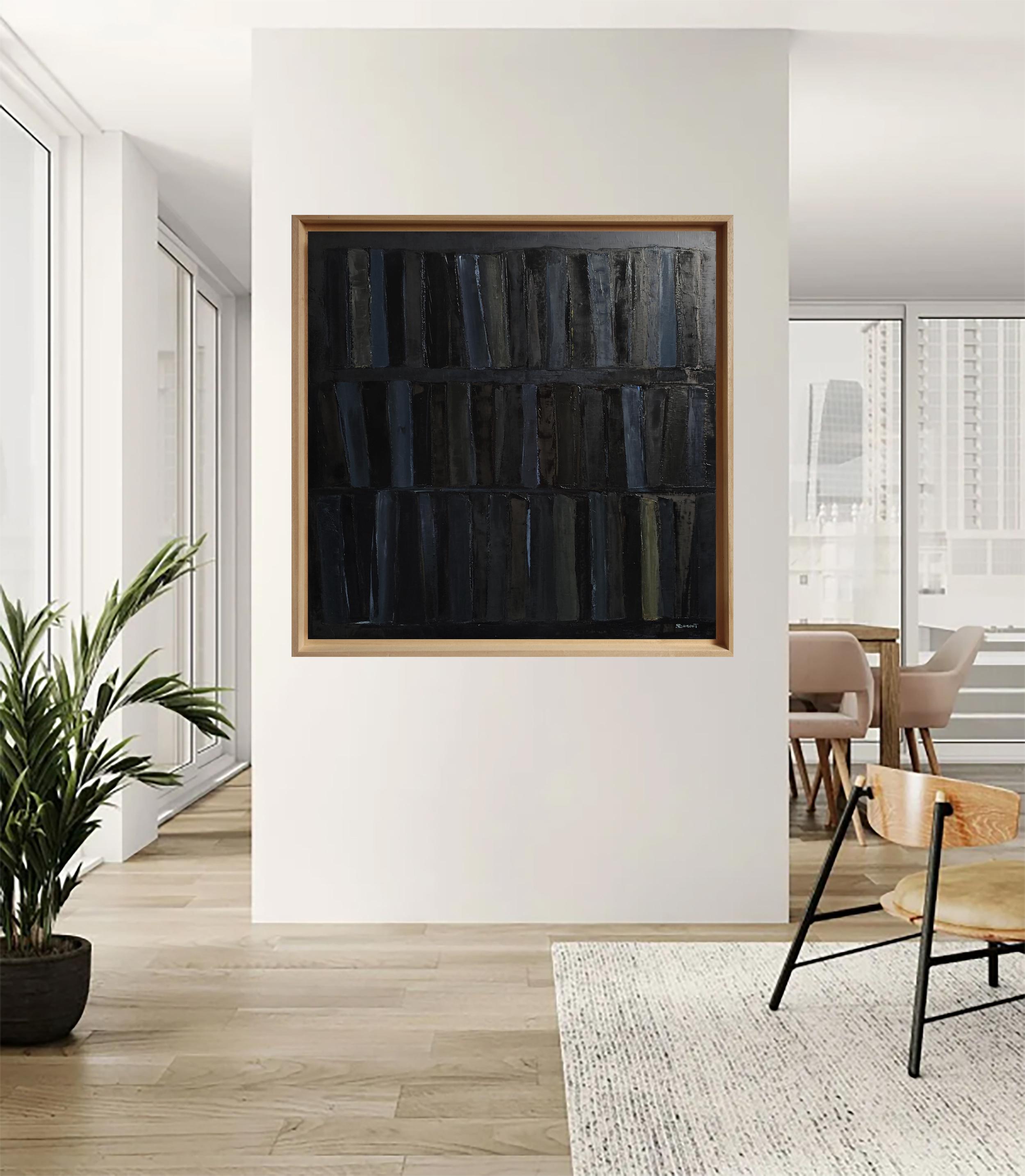 Palimpseste- Large Black Abstract Library Painting – Oil on Canvas –Contemporary For Sale 8