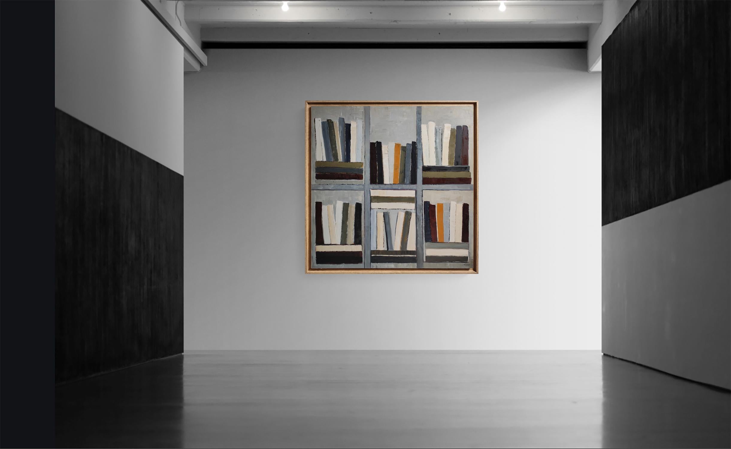 The Citadel of Books is a monumental oil on canvas (59 x 59 inches / 150 x 150 cm) by French contemporary artist Sophie Dumont. This richly textured work features a stylized, six-compartment library in a harmonious palette of stone greys, creamy