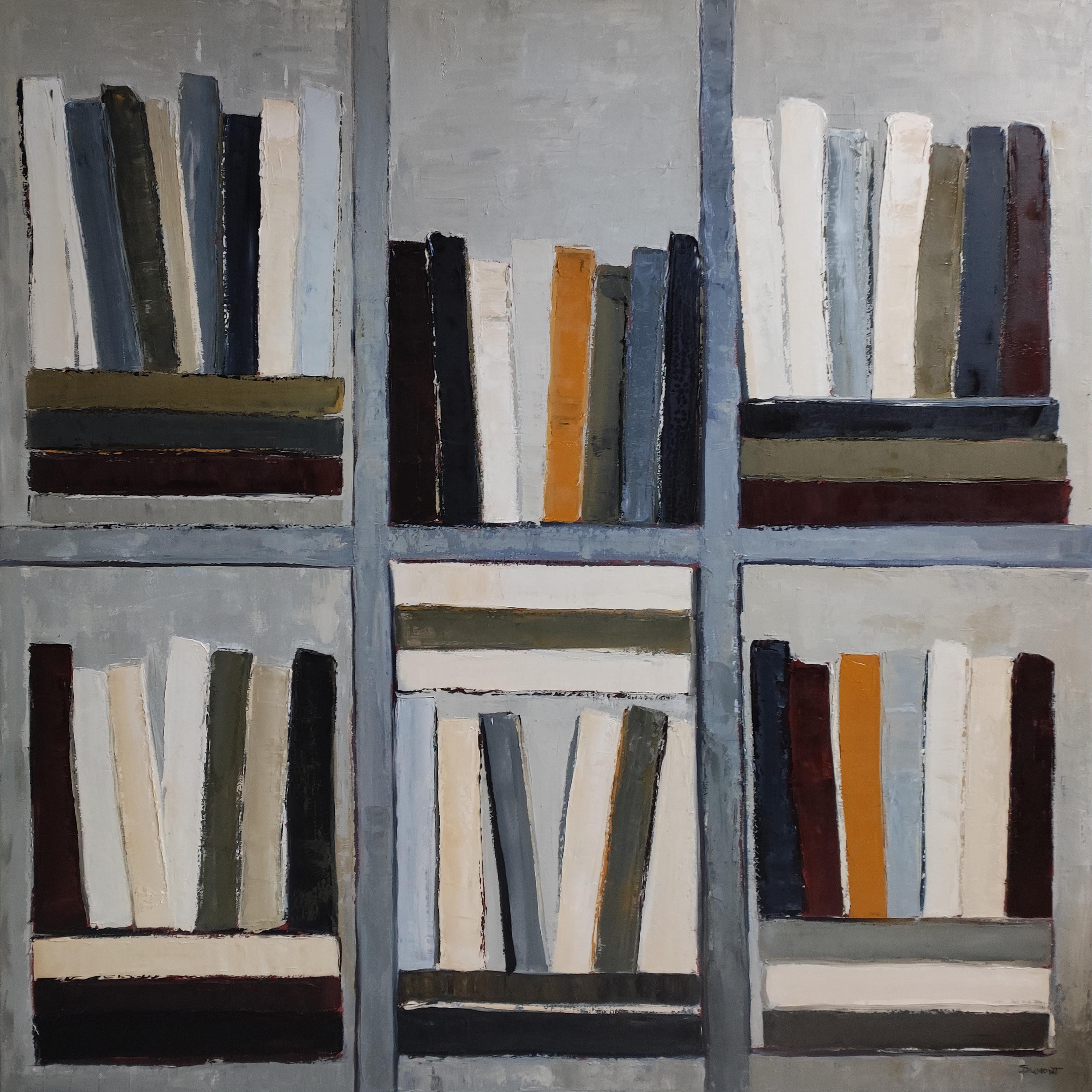 Monumental Abstract Library Painting – Oil on Canvas – The Citadel of Books 2025 - Gray Abstract Painting by SOPHIE DUMONT
