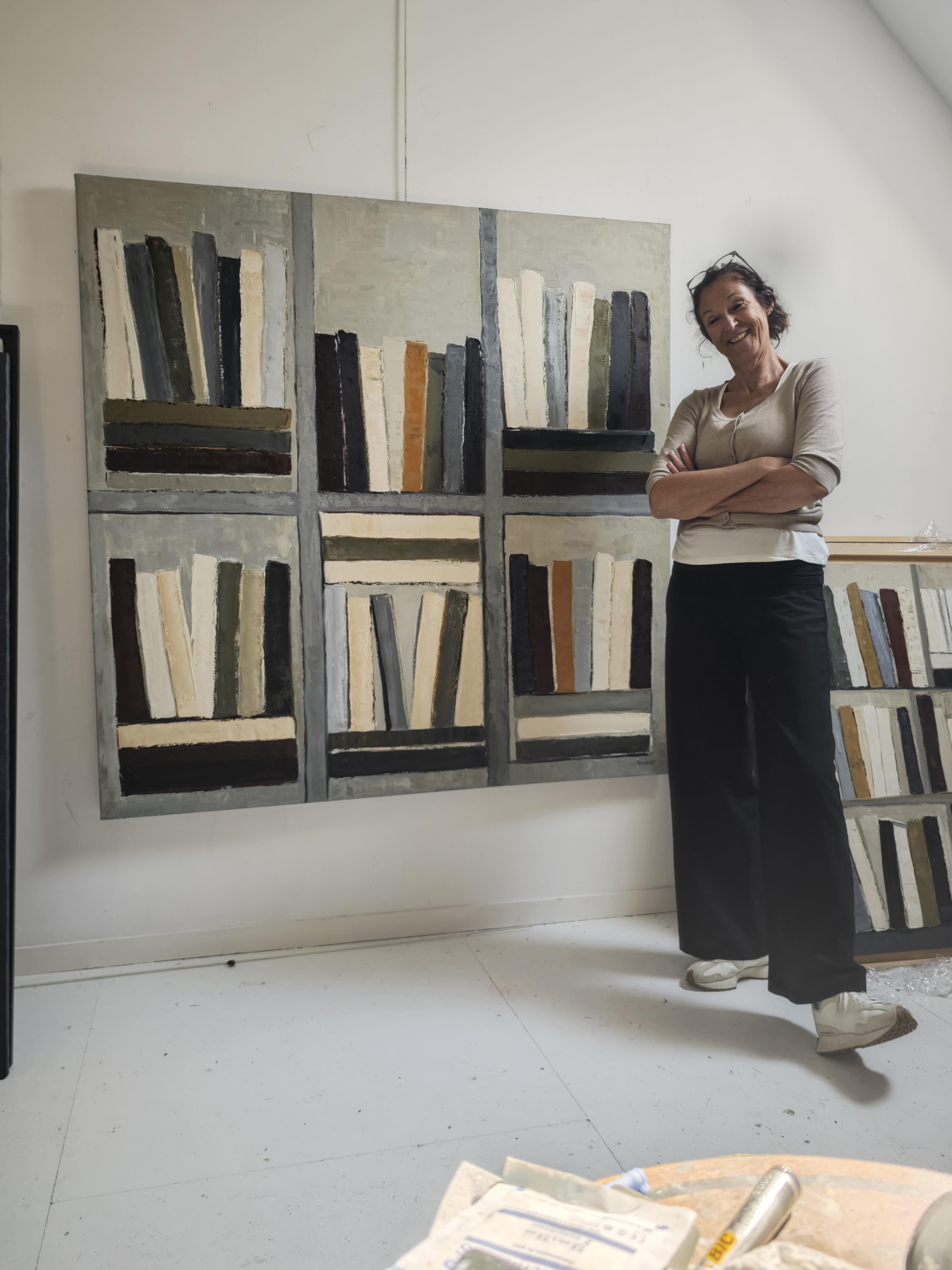 Monumentale abstrakte Bibliothek Gemälde - Öl auf Leinwand - Die Zitadelle der Bücher 2025 (Geometrische Abstraktion), Painting, von SOPHIE DUMONT