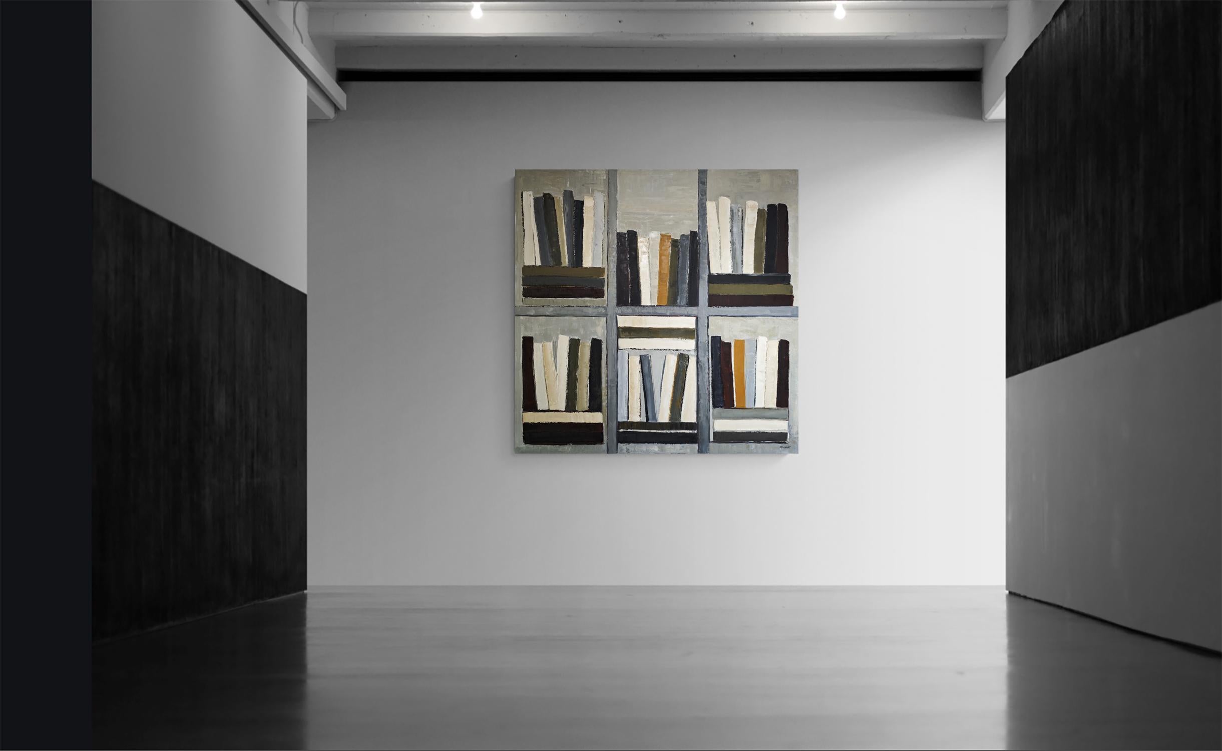 Monumentale abstrakte Bibliothek Gemälde - Öl auf Leinwand - Die Zitadelle der Bücher 2025 (Grau), Abstract Painting, von SOPHIE DUMONT