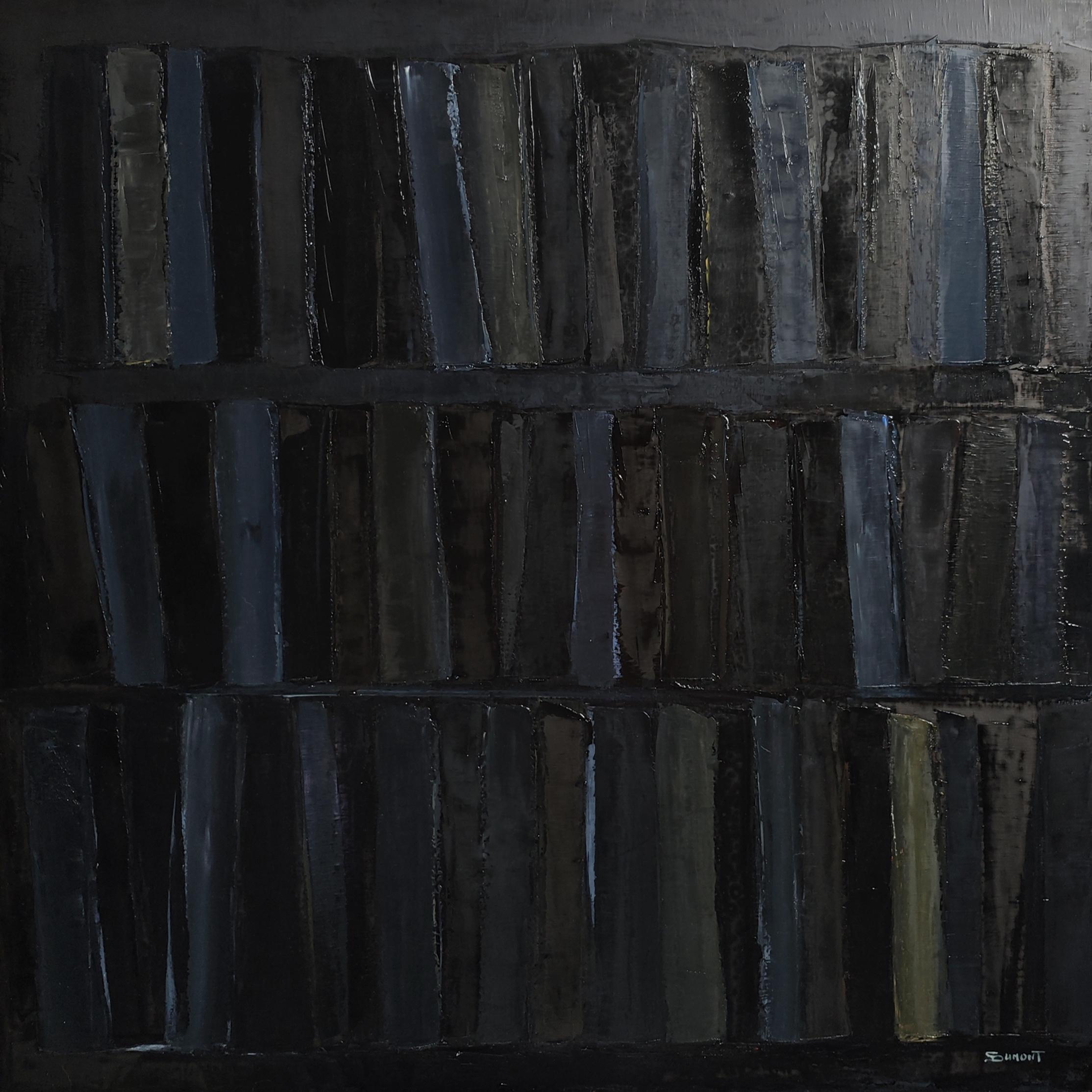 Palimpseste- Large Black Abstract Library Painting – Oil on Canvas –Contemporary For Sale 6