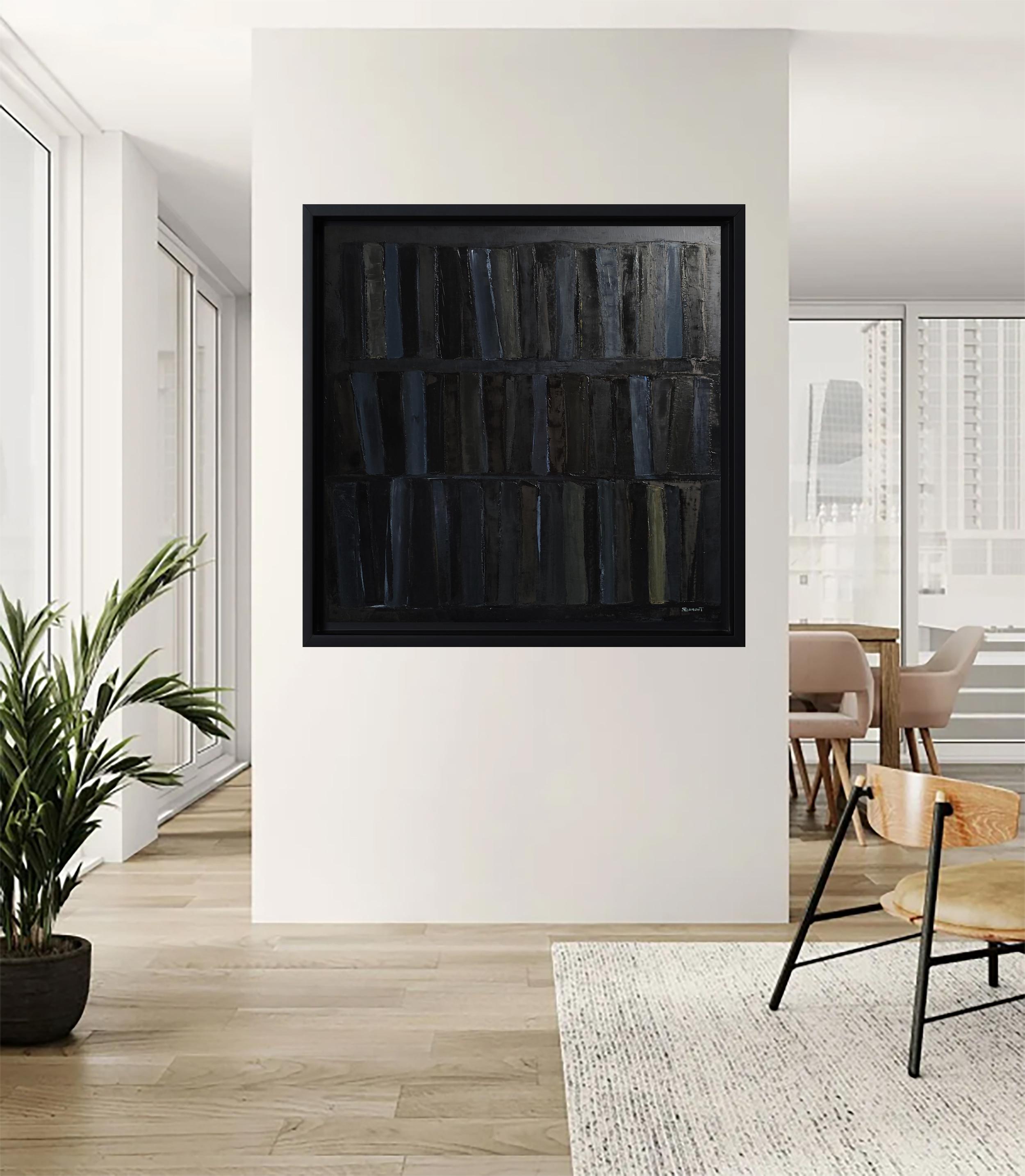 Palimpseste- Large Black Abstract Library Painting – Oil on Canvas –Contemporary For Sale 7