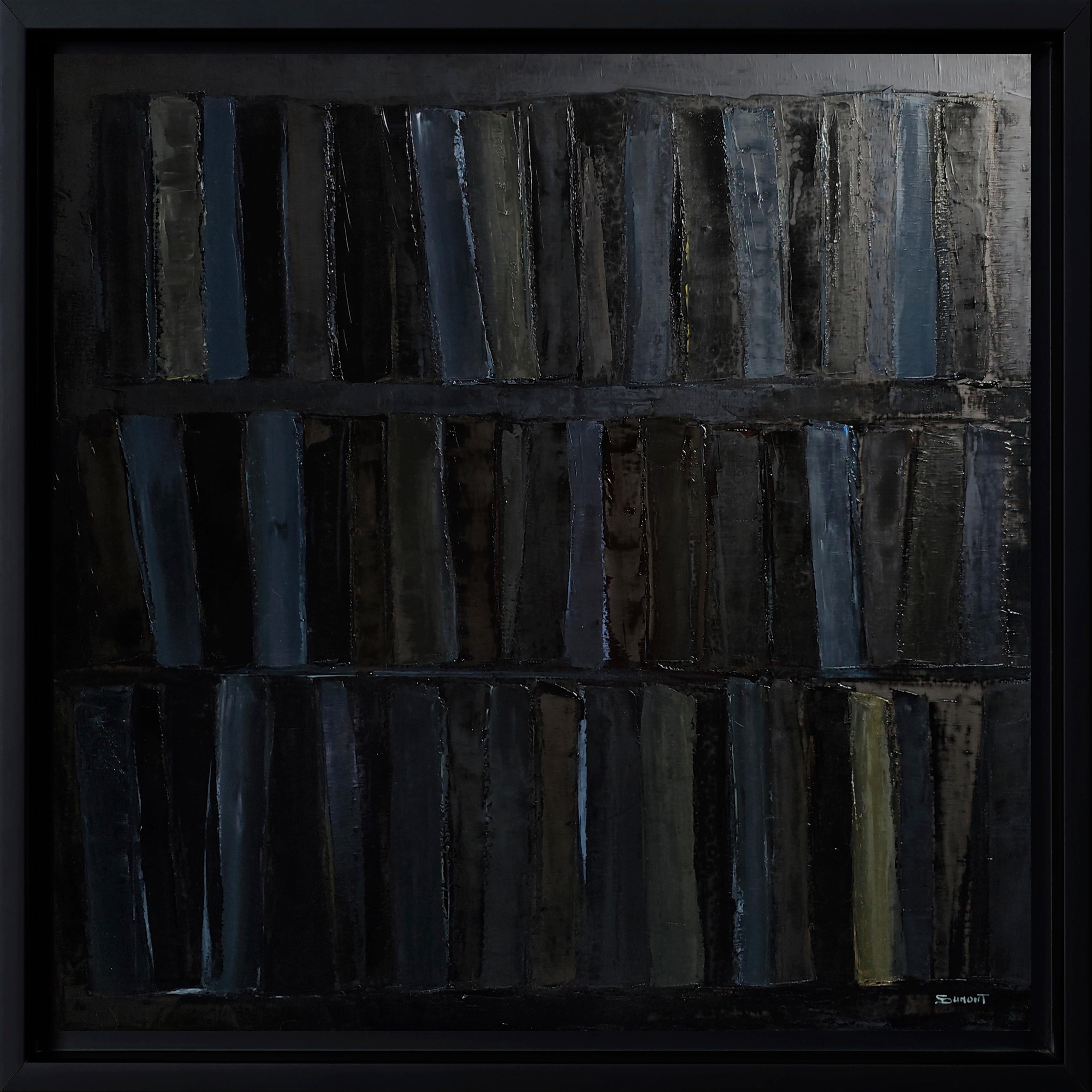 Palimpseste- Large Black Abstract Library Painting – Oil on Canvas –Contemporary