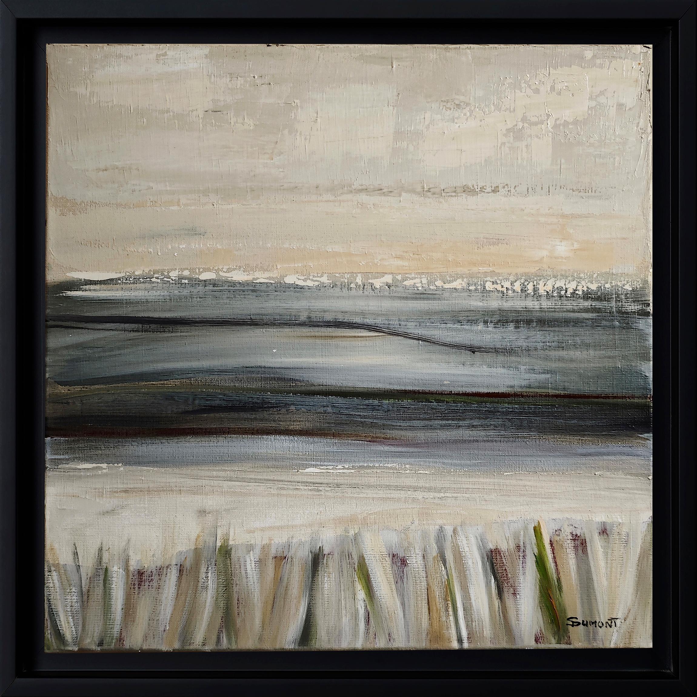 Landscape Painting di SOPHIE DUMONT - Foschia mattutina, Paesaggio astratto, Contemporaneo, Moderno, Francese, Grigio, Grigio.