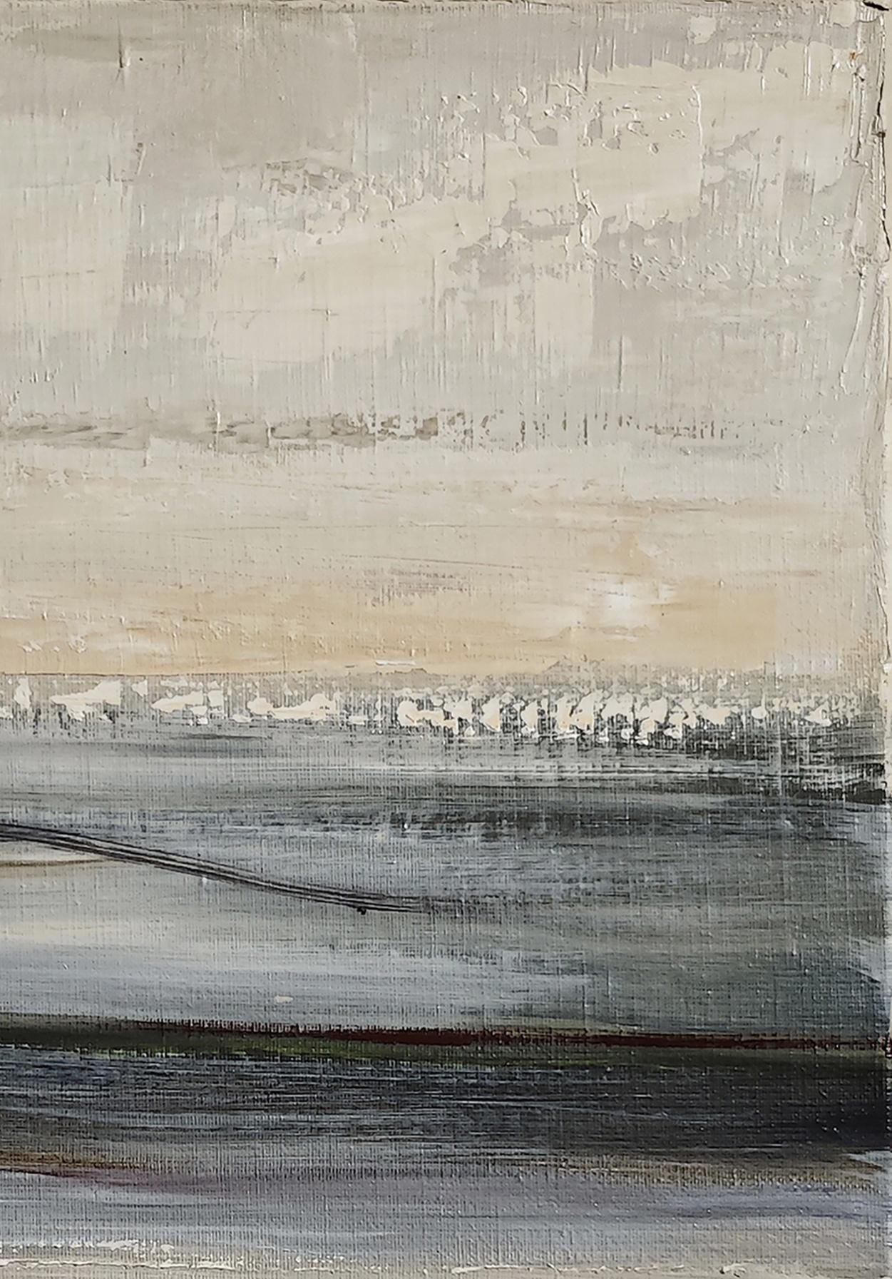 Foschia mattutina, Paesaggio astratto, Contemporaneo, Moderno, Francese, Grigio, Grigio. in vendita 3