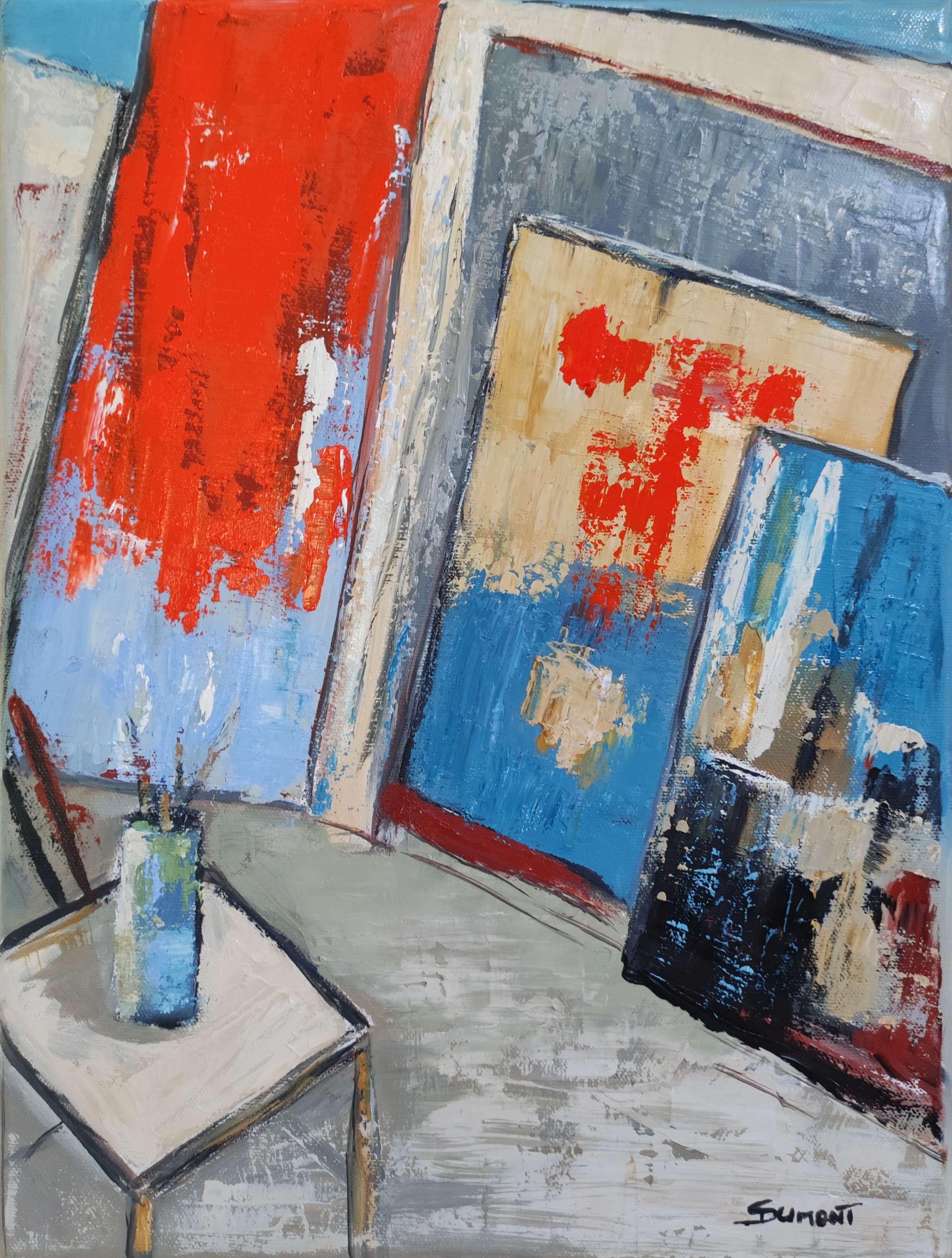 My studio, red abstract; expressionism, geometric, texture, oil on linen canvas - Painting by SOPHIE DUMONT
