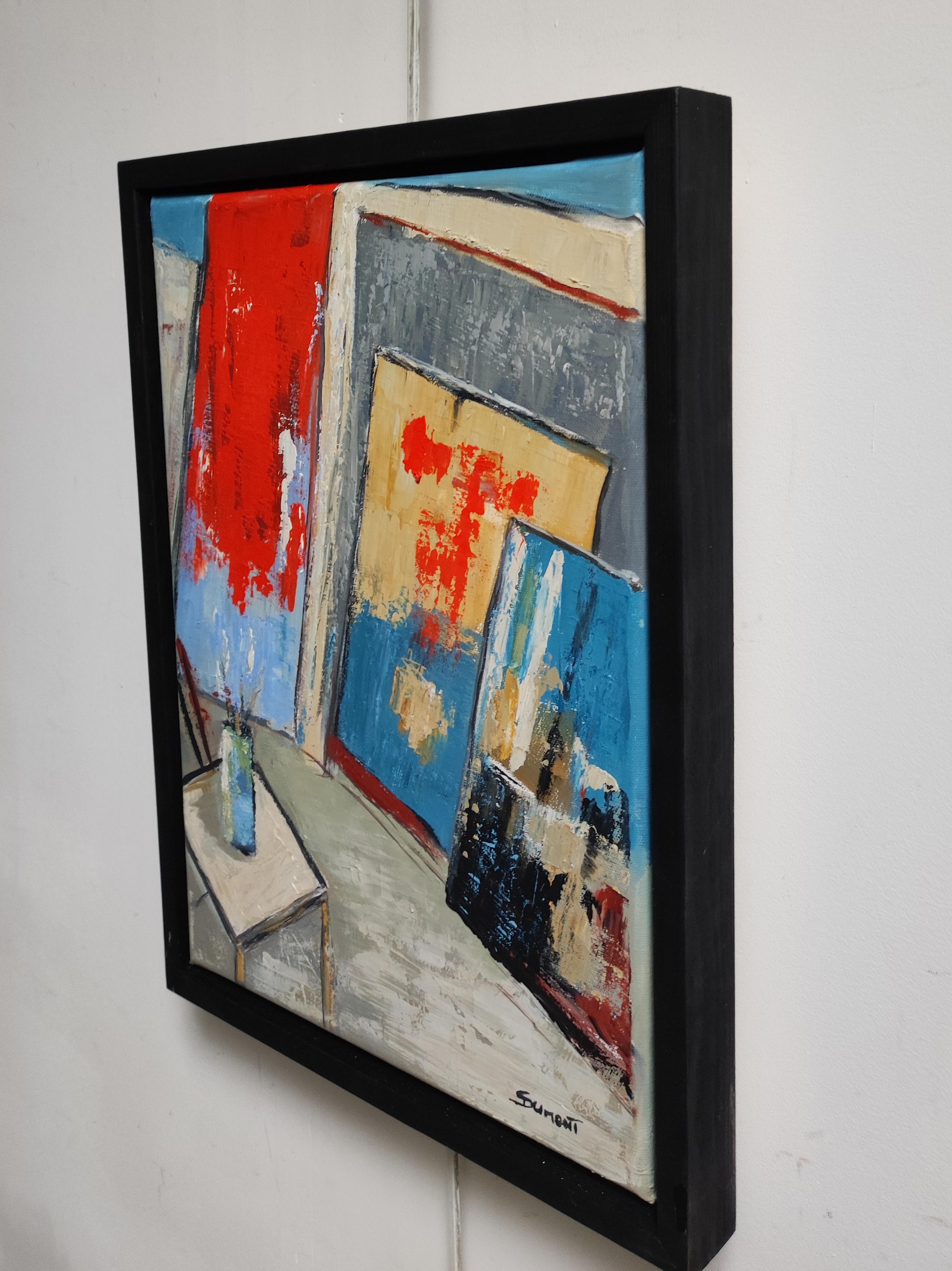 Mein Atelier, rot abstrakt; Expressionismus, geometrisch, Textur, Öl auf Leinen Leinwand – Painting von SOPHIE DUMONT