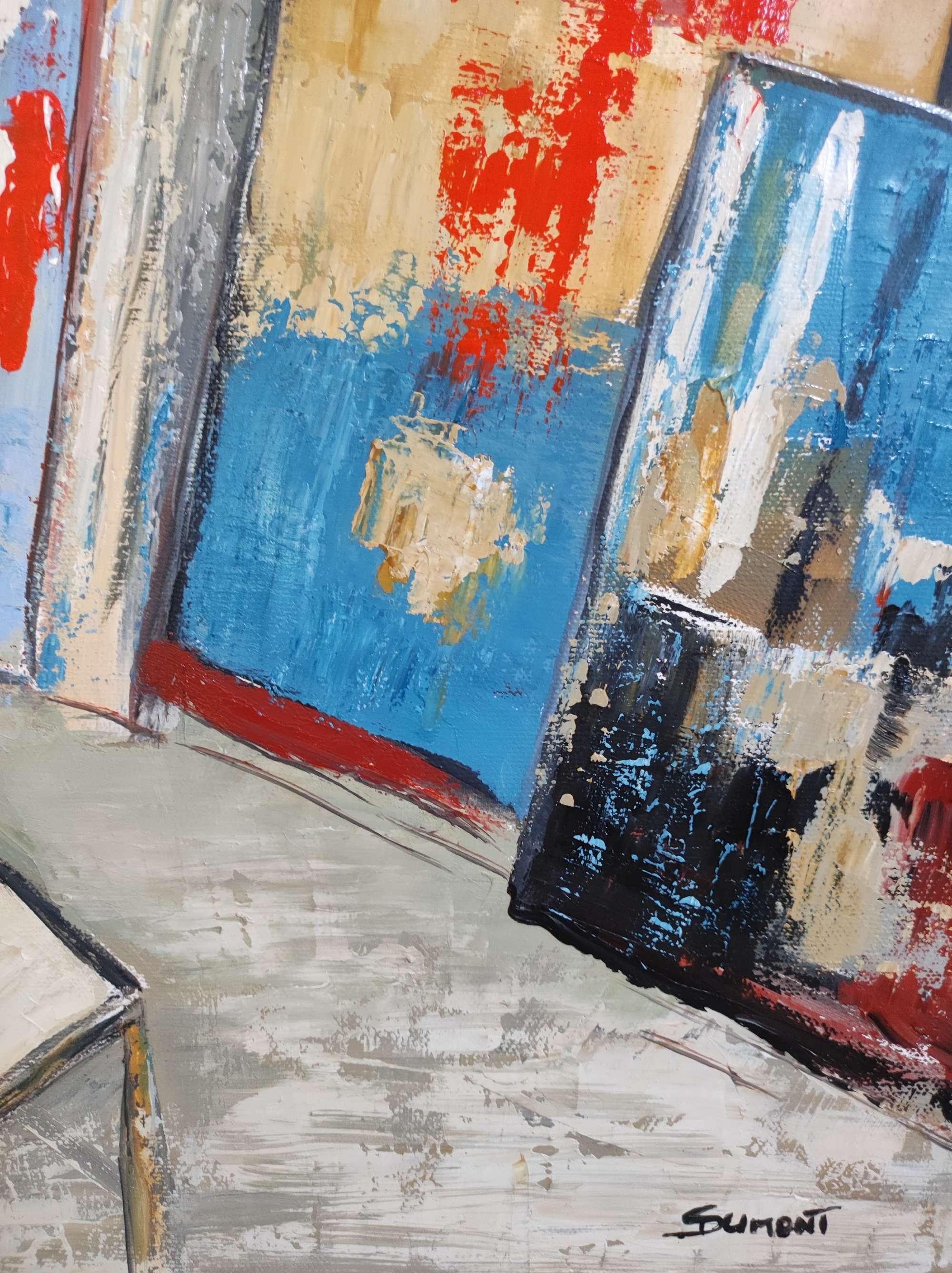 Sophie DUMONT's abstract is not a concept, it is an approach where each canvas is built around graphics put into perspective by color.

Geometric abstraction of an artist's studio in shades of blue and red with a very important texture and colors