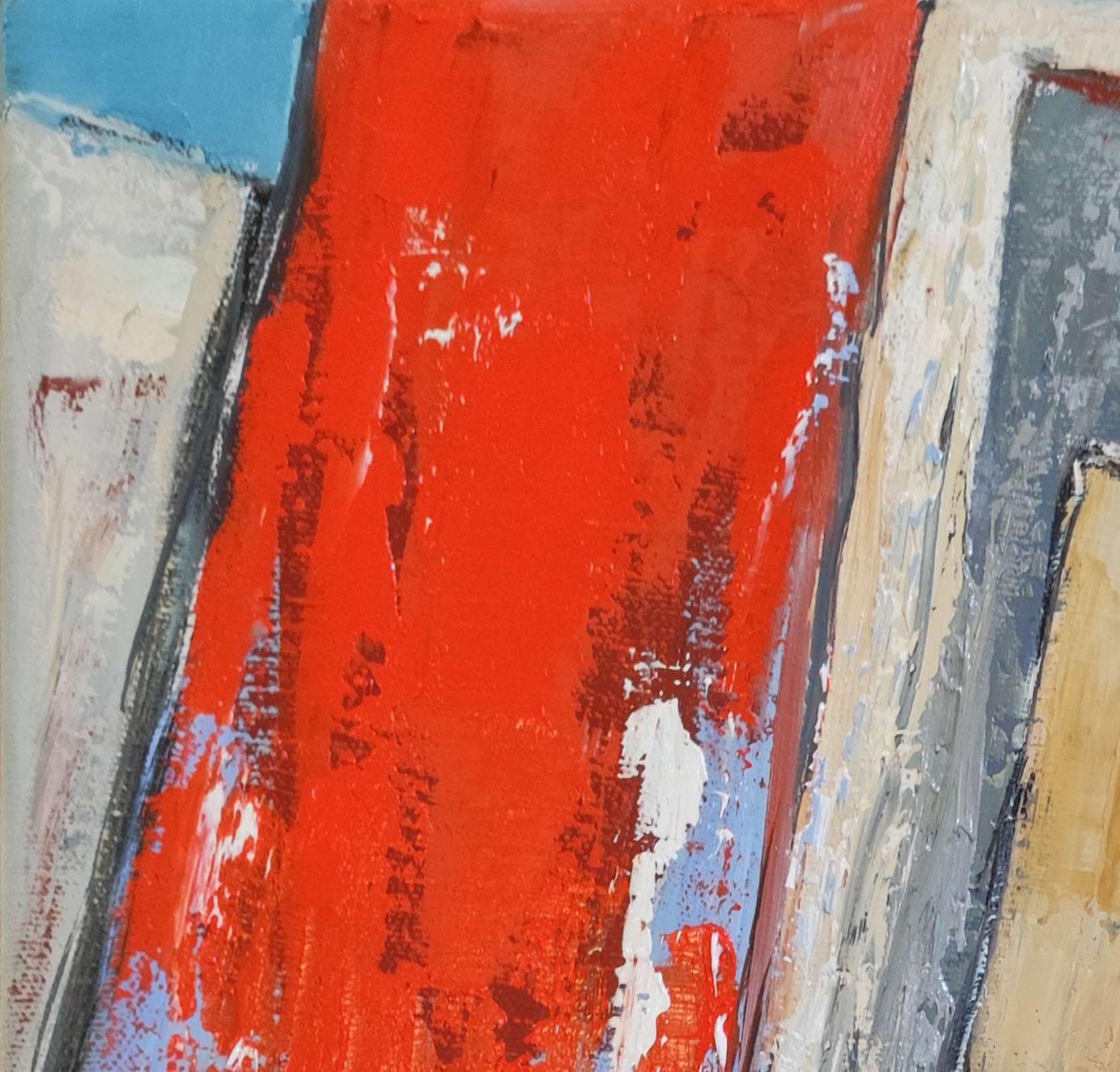 Mein Atelier, rot abstrakt; Expressionismus, geometrisch, Textur, Öl auf Leinen Leinwand im Angebot 4