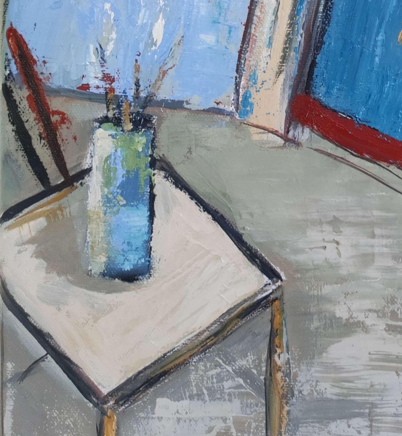 My studio, Red Abstract, Expressionism, Geometric, Textured, Oil on linen canvas For Sale 4