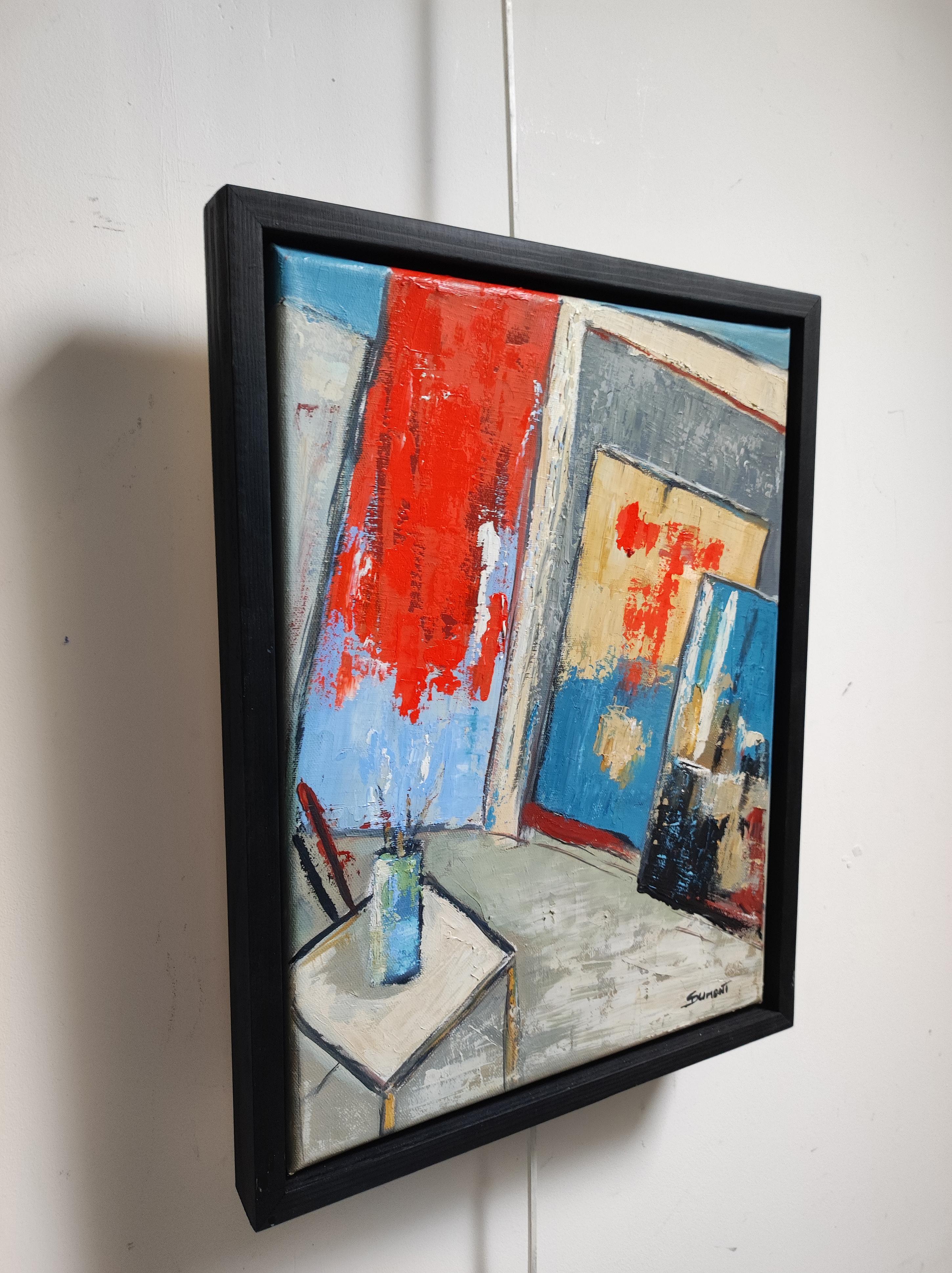 Mein Atelier, rot abstrakt; Expressionismus, geometrisch, Textur, Öl auf Leinen Leinwand (Geometrische Abstraktion), Painting, von SOPHIE DUMONT