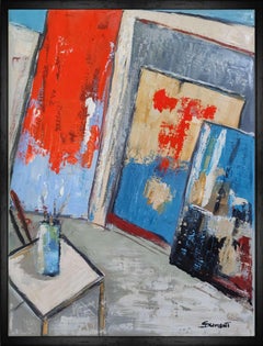 My studio, red abstract; expressionism, geometric, texture, oil on linen canvas