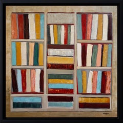 New tales, abstract geometric still life, books, library, oil on canvas, modern