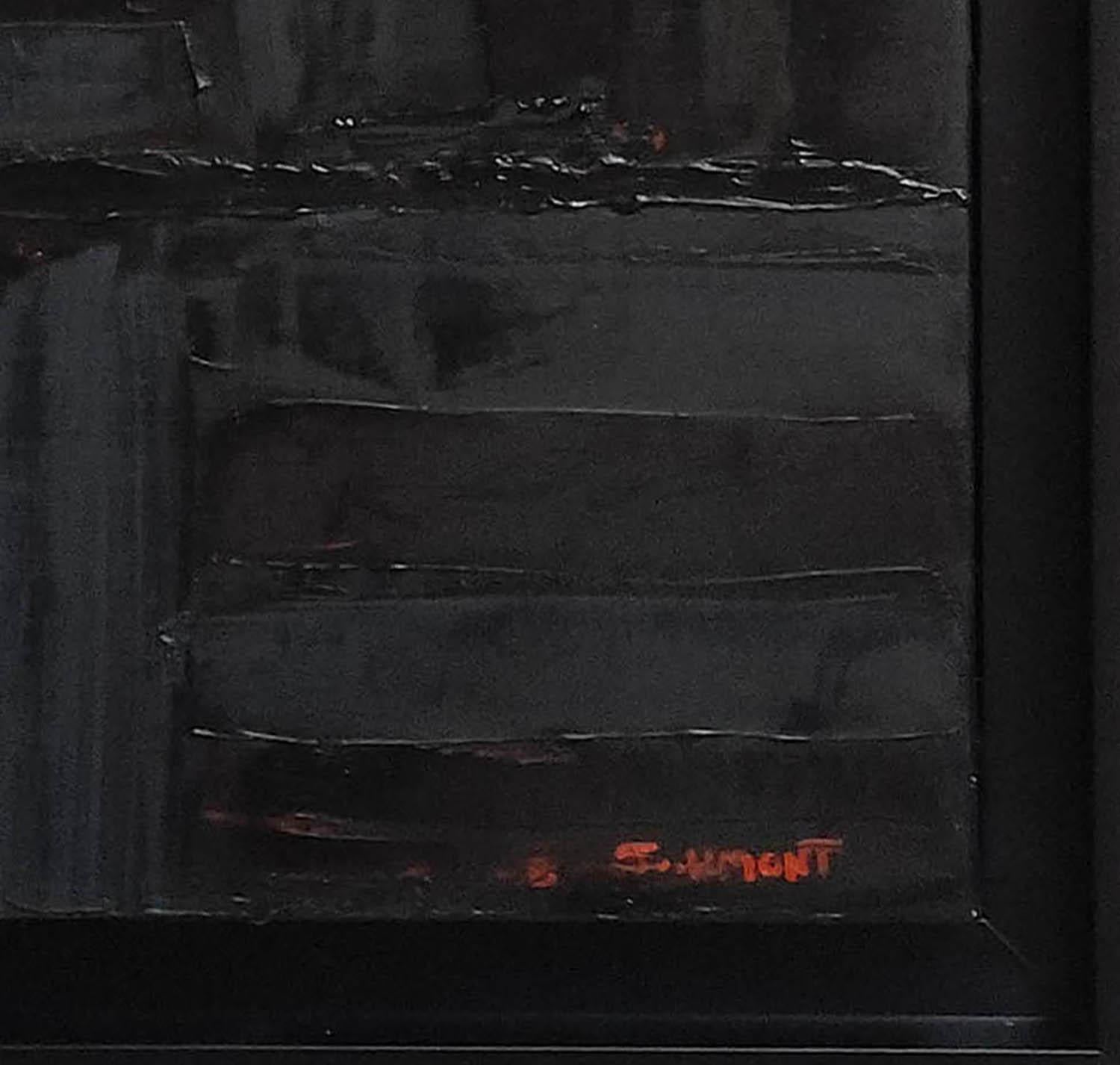 nightfall, oil, black abstract; library,  books, contempory art, minimalism - Minimalist Painting by SOPHIE DUMONT