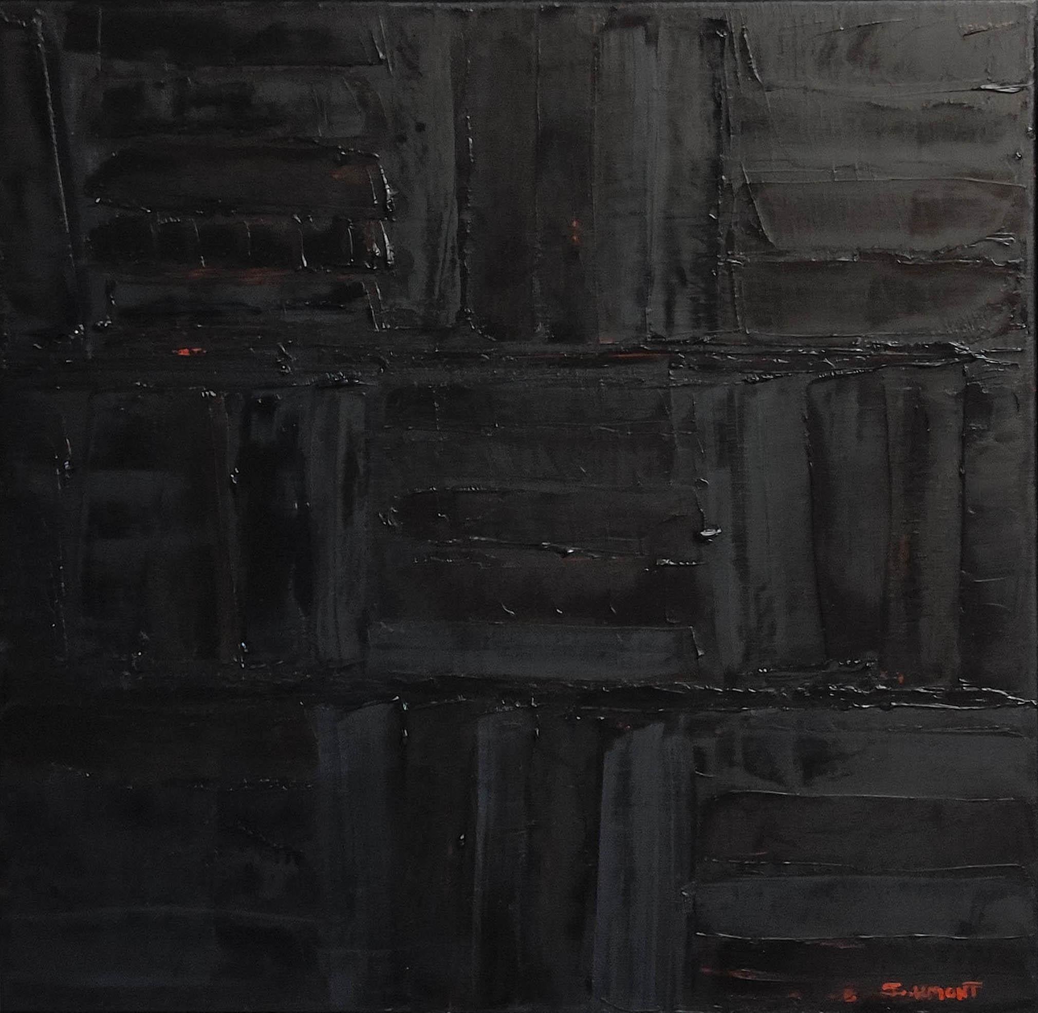 nightfall, oil, black abstract; library,  books, contempory art, minimalism - Black Abstract Painting by SOPHIE DUMONT