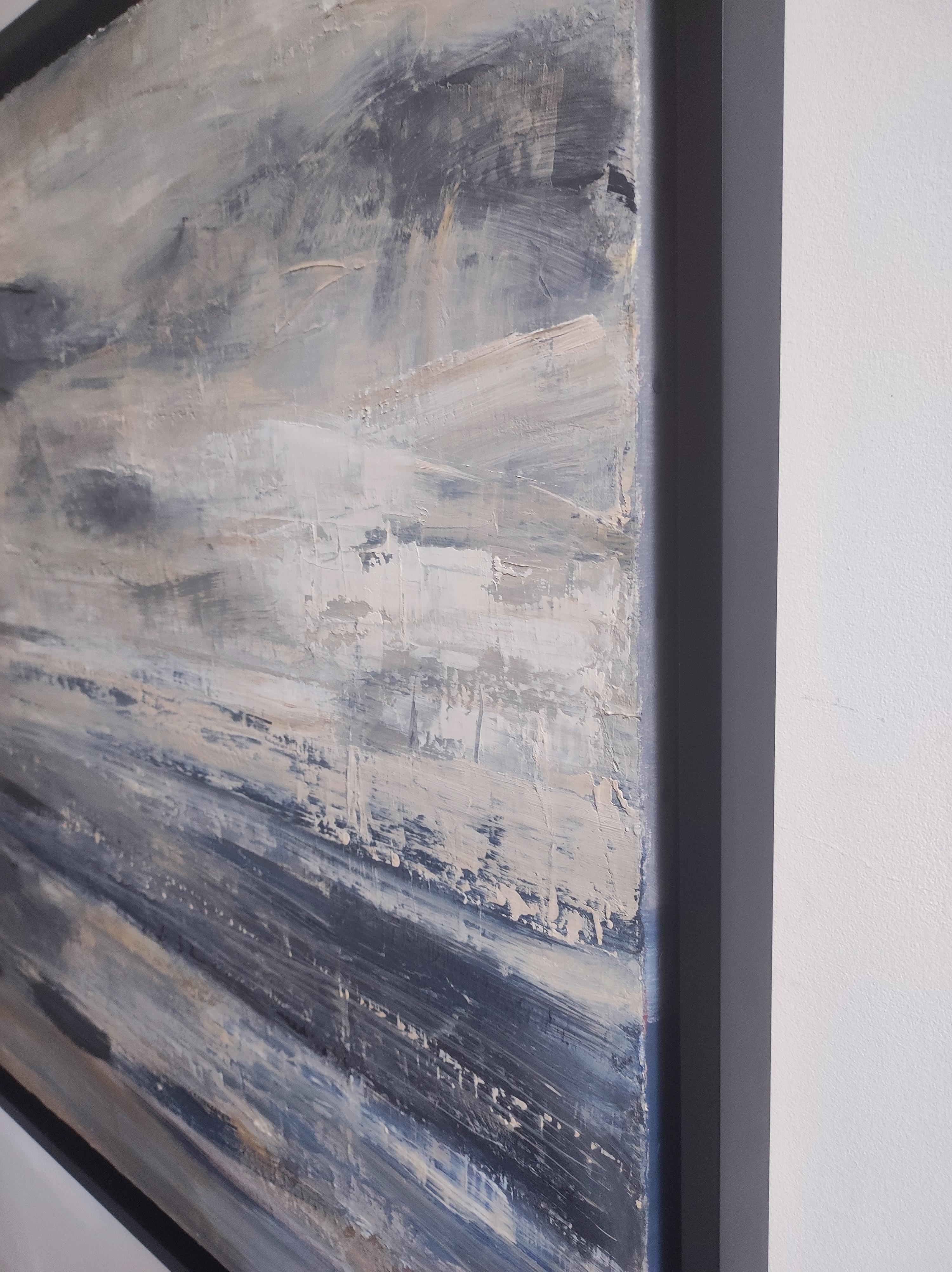 This captivating artwork transports us to an abstract vision of the coast, passionately crafted by the artist using oil on linen canvas. It's a seascape, caught between sky and sea, worked with a palette knife to bring exceptional depth and