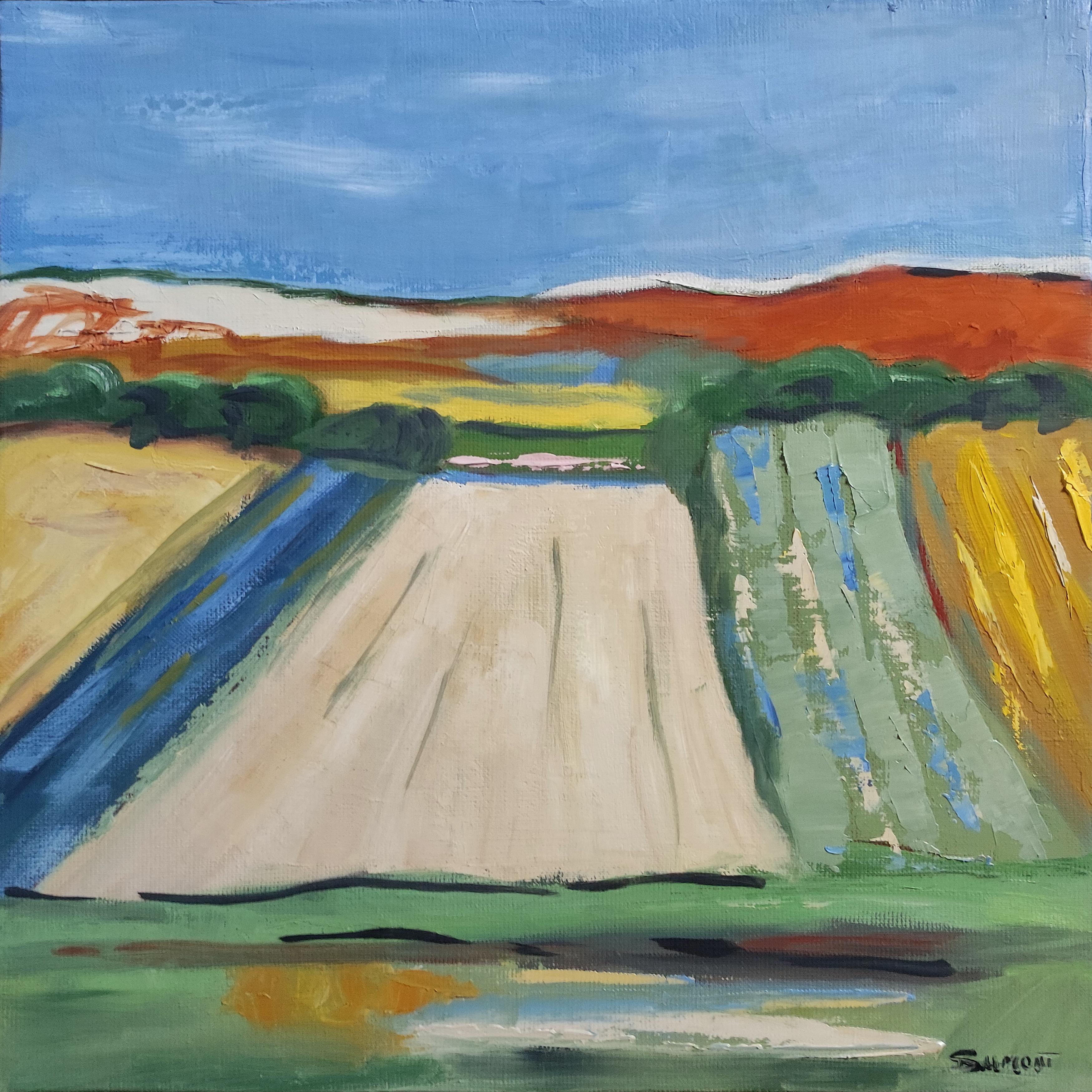 Normandie, paysage, huile sur toile, expressionnisme, multicolore, français, champs - Gris Abstract Painting par SOPHIE DUMONT