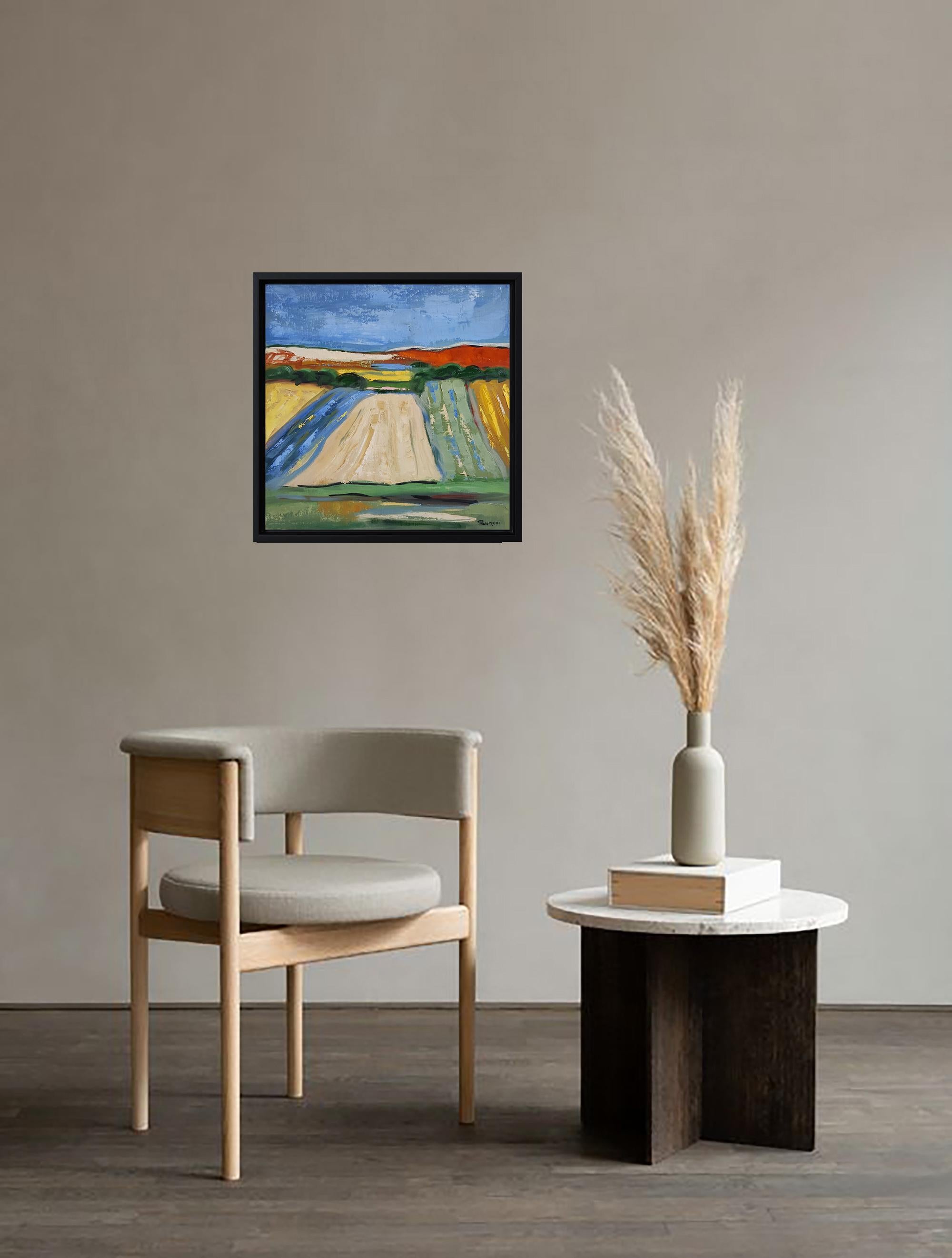 Normandia , paesaggio, olio su tela, espressionismo, multicolore, francese, campi - Painting Espressionismo astratto di SOPHIE DUMONT