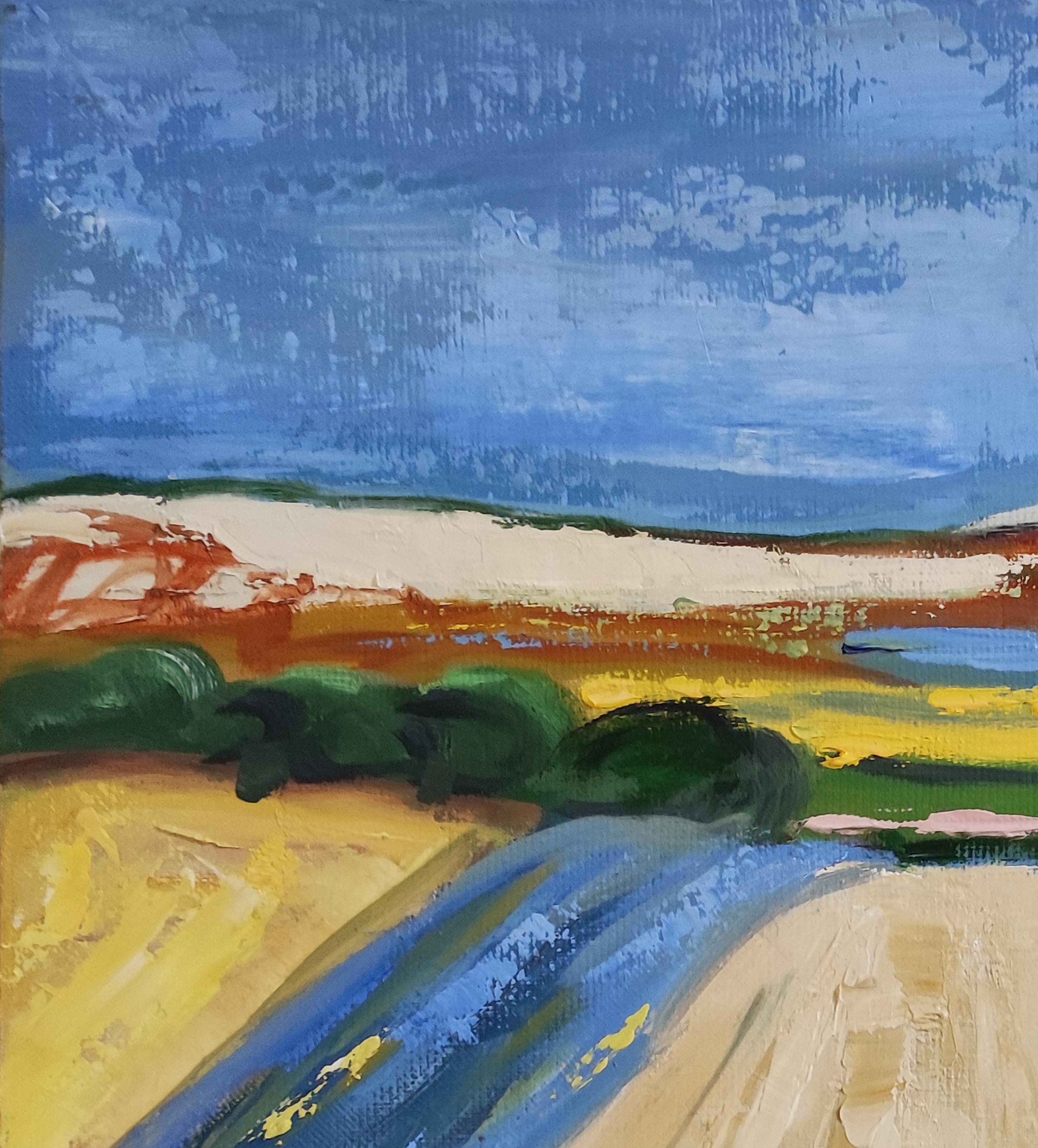 Normandia , paesaggio, olio su tela, espressionismo, multicolore, francese, campi - Abstract Painting Grigio di SOPHIE DUMONT
