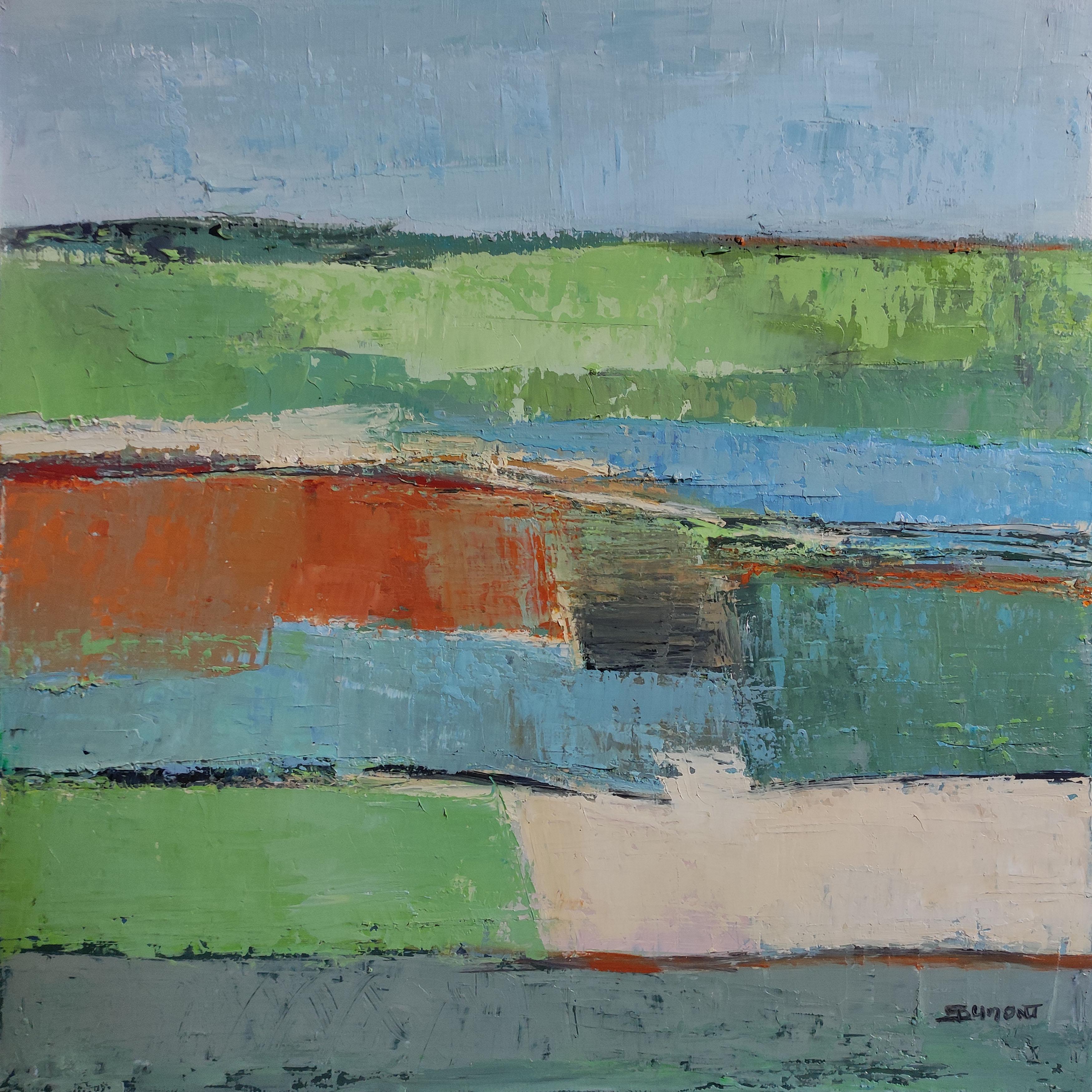 Nuances ; paysage vert abstrait, contemporain, huile sur toile, campagne - Expressionnisme abstrait Painting par SOPHIE DUMONT