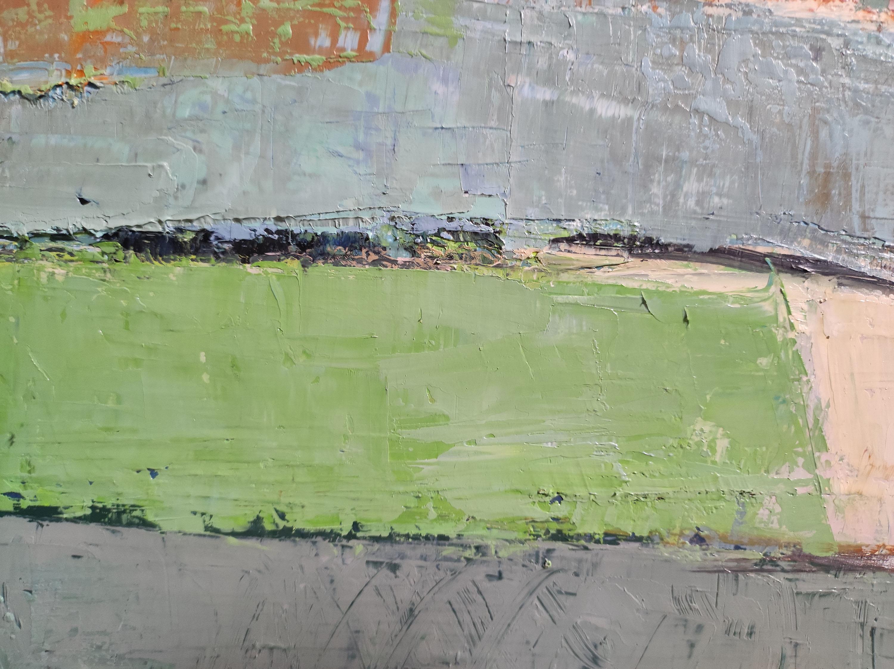 Nuances ; paysage vert abstrait, contemporain, huile sur toile, campagne en vente 5