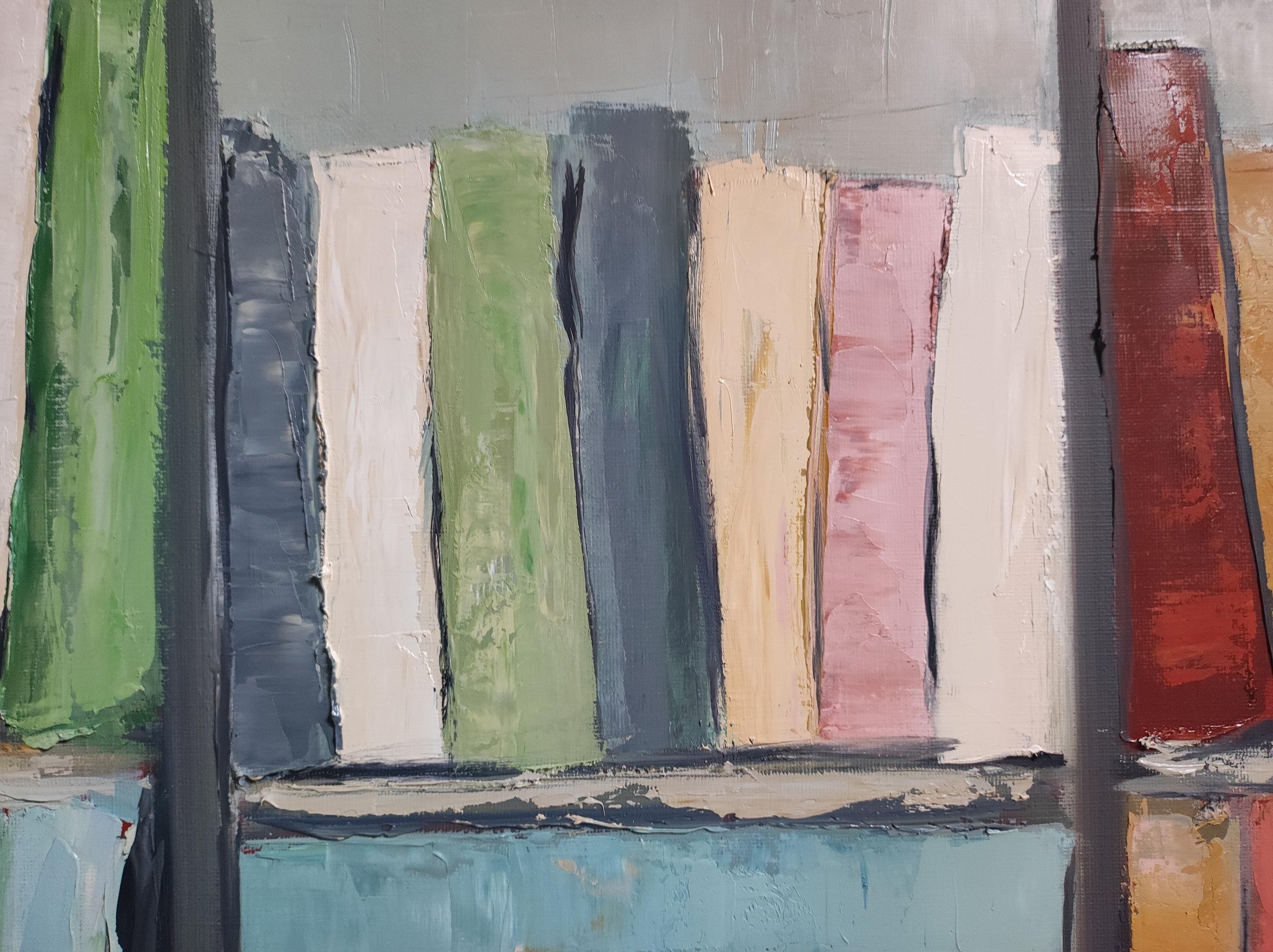 ondes litteraires,  oil,  library, colors, textured, impasto, modern, minimalism For Sale 7