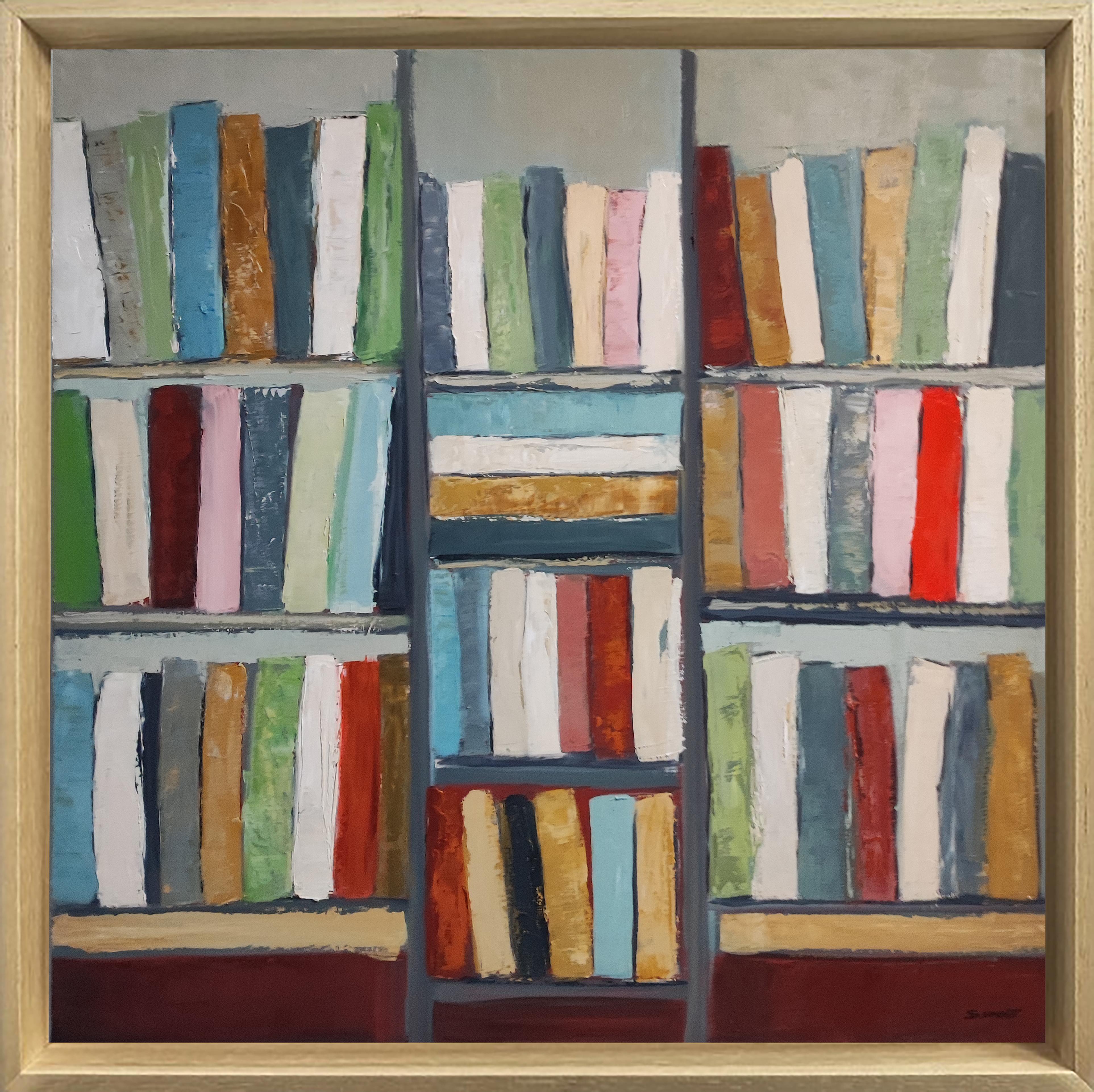 ondes litteraires,  oil,  library, colors, textured, impasto, modern, minimalism - Painting by SOPHIE DUMONT