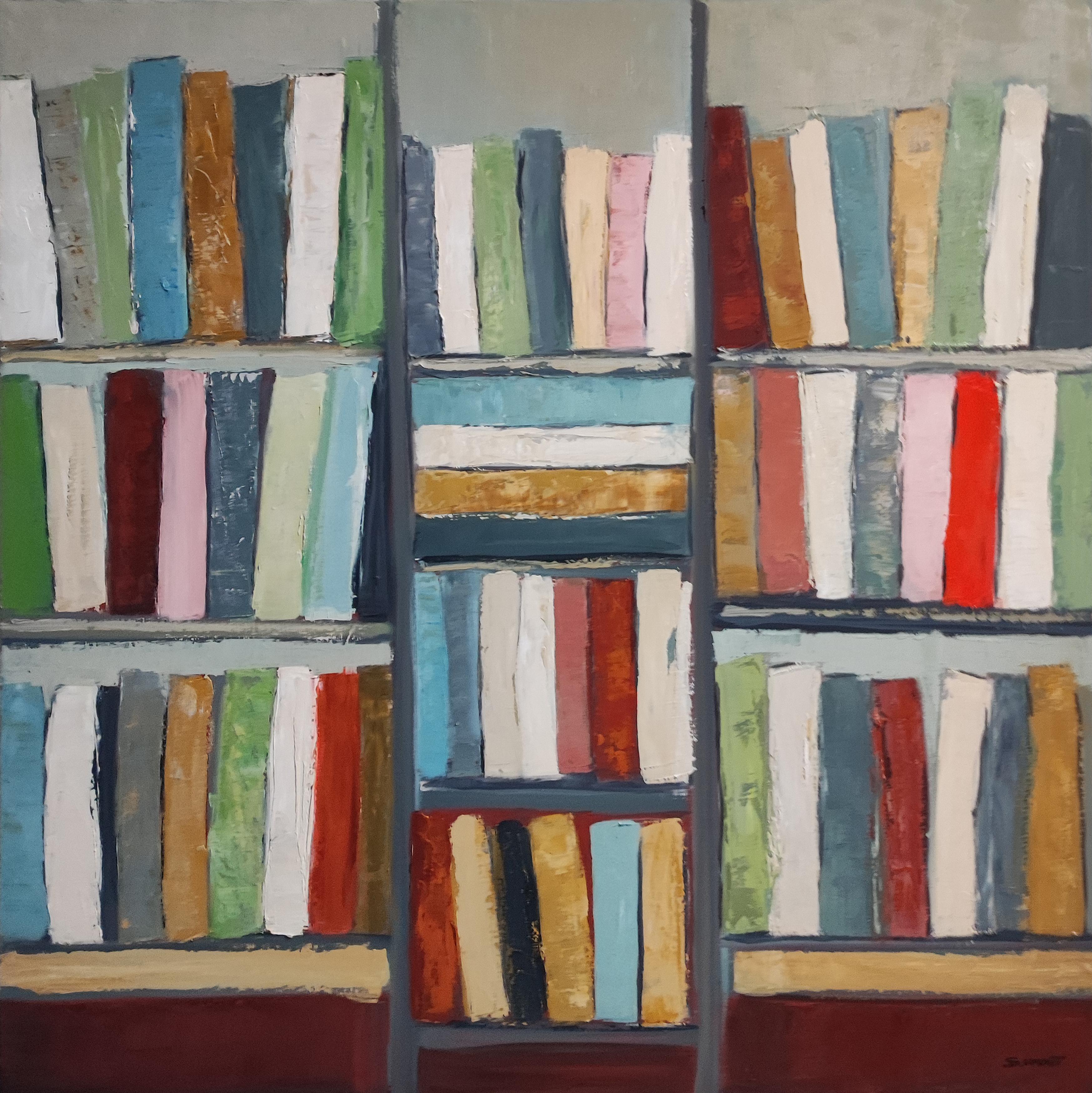 ondes litteraires,  oil,  library, colors, textured, impasto, modern, minimalism For Sale 1