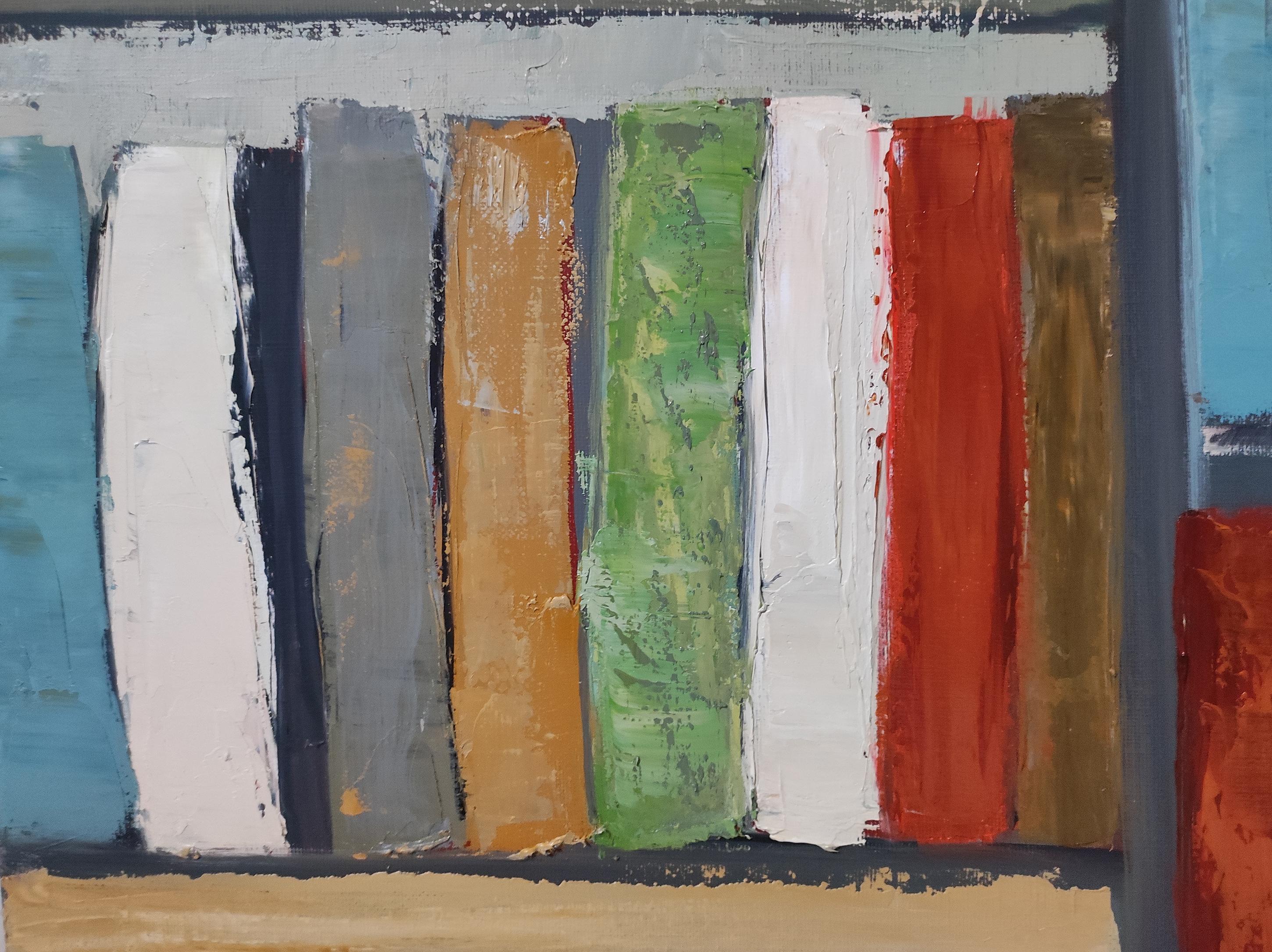ondes litteraires,  oil,  library, colors, textured, impasto, modern, minimalism For Sale 3
