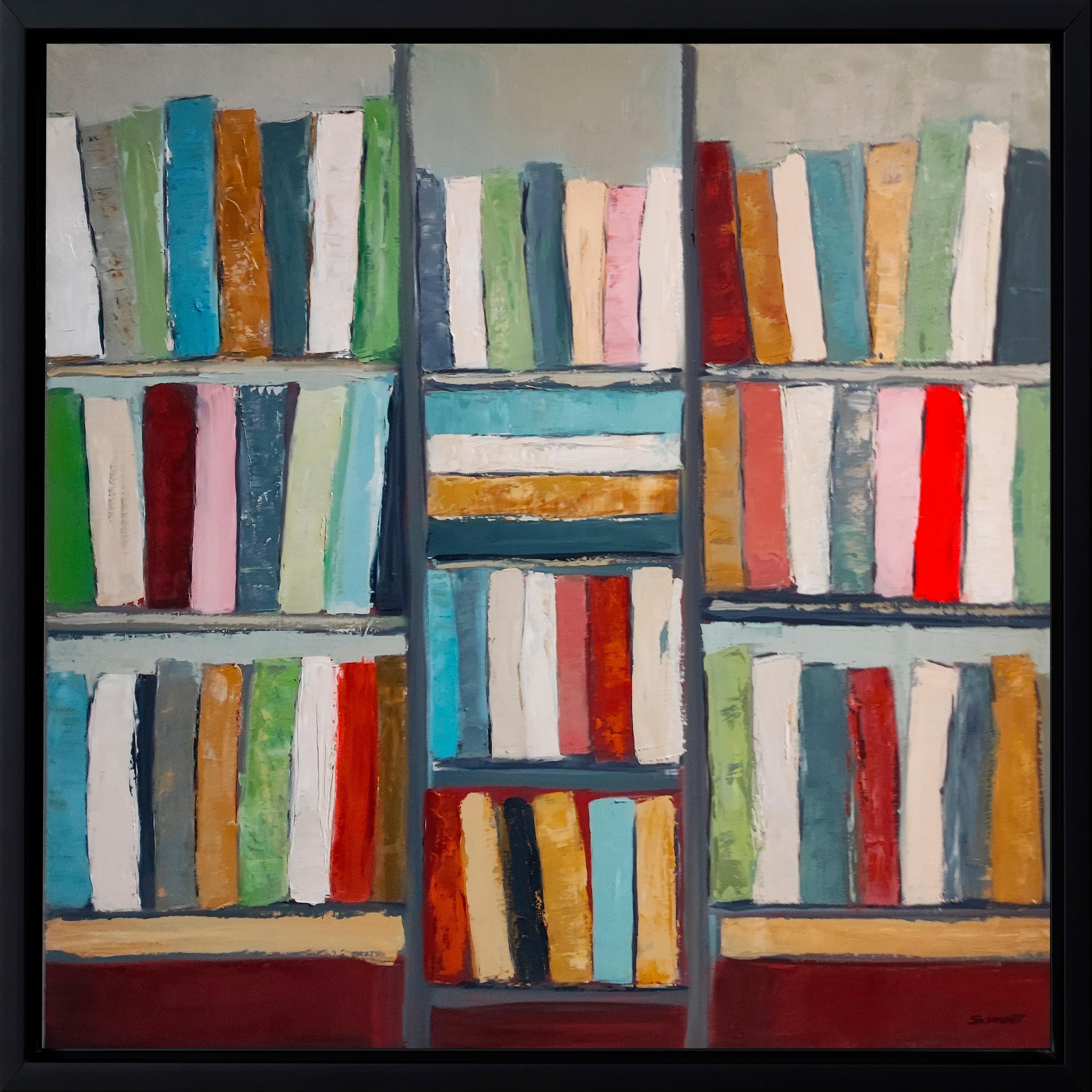 SOPHIE DUMONT Still-Life Painting - ondes litteraires,  oil,  library, colors, textured, impasto, modern, minimalism