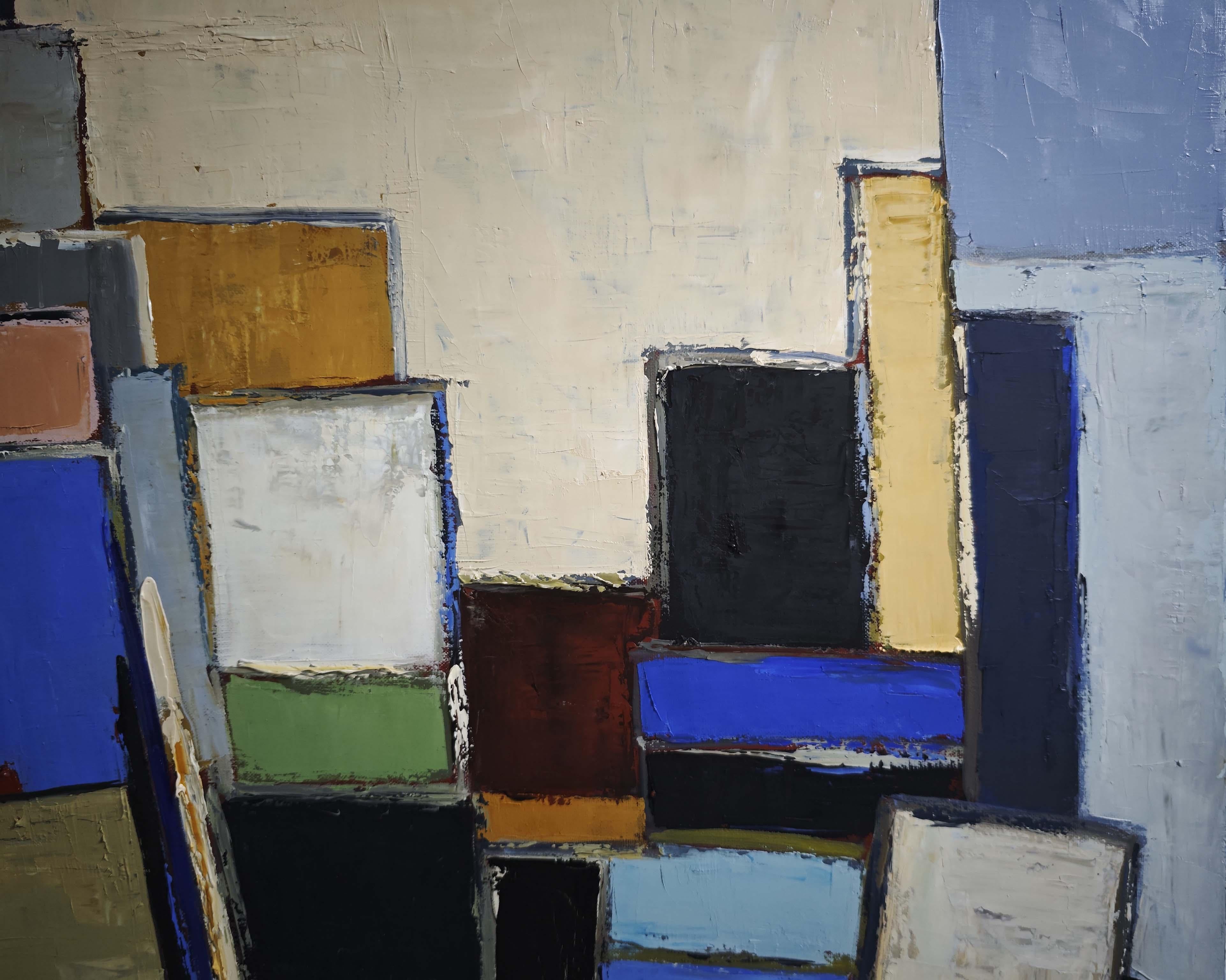 Orchestration d'atelier- Pintura al óleo con textura, Geométrica, Estudio de artista, Francés en venta 1